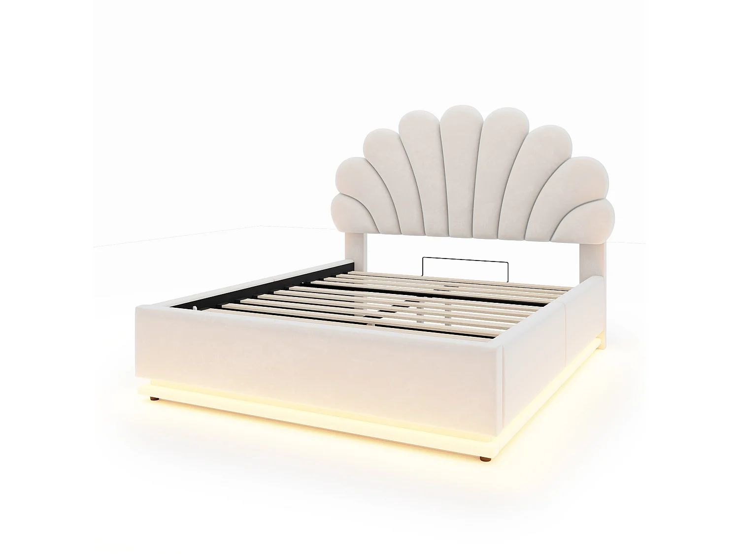 Lit coffre adulte 140 x 200 cm en velours avec éclairage LED - Beige