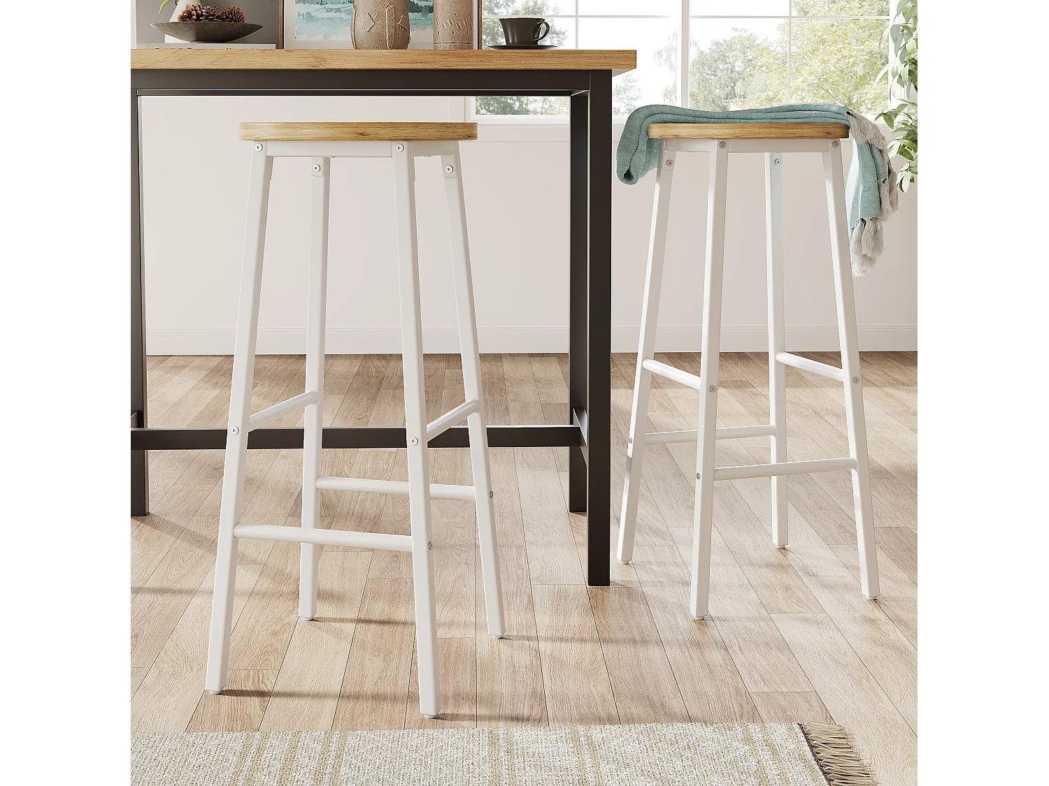 Lot de 2 Tabouret de bar avec repose-pieds et pieds réglables - MDF/métal - 30 x 30 x 70 cm - Blanc + bois naturel
