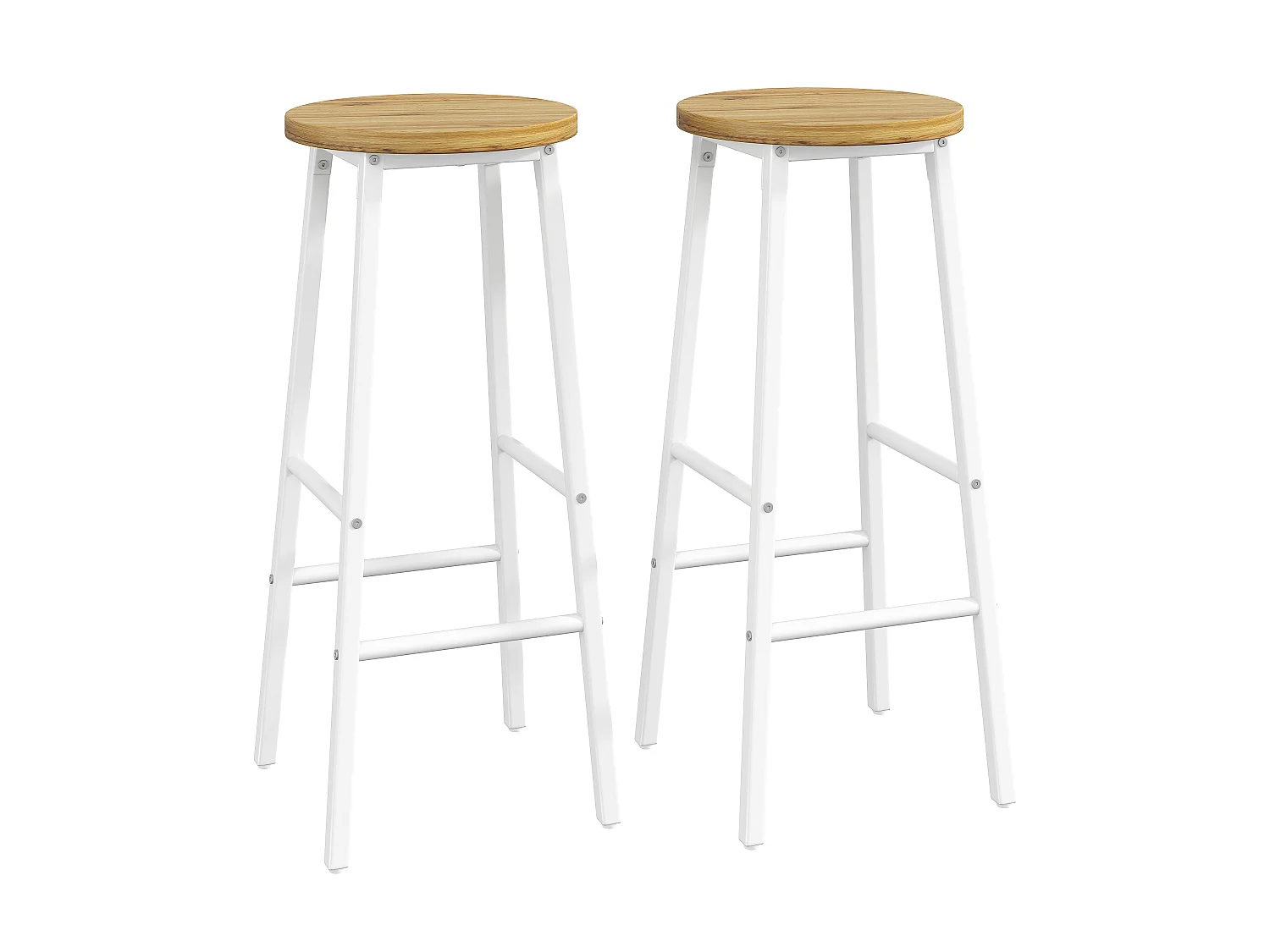Lot de 2 Tabouret de bar avec repose-pieds et pieds réglables - MDF/métal - 30 x 30 x 70 cm - Blanc + bois naturel