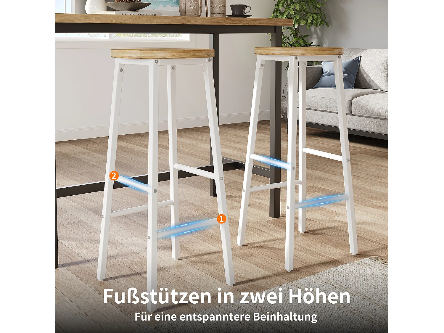 Lot de 2 Tabouret de bar avec repose-pieds et pieds réglables - MDF/métal - 30 x 30 x 70 cm - Blanc + bois naturel