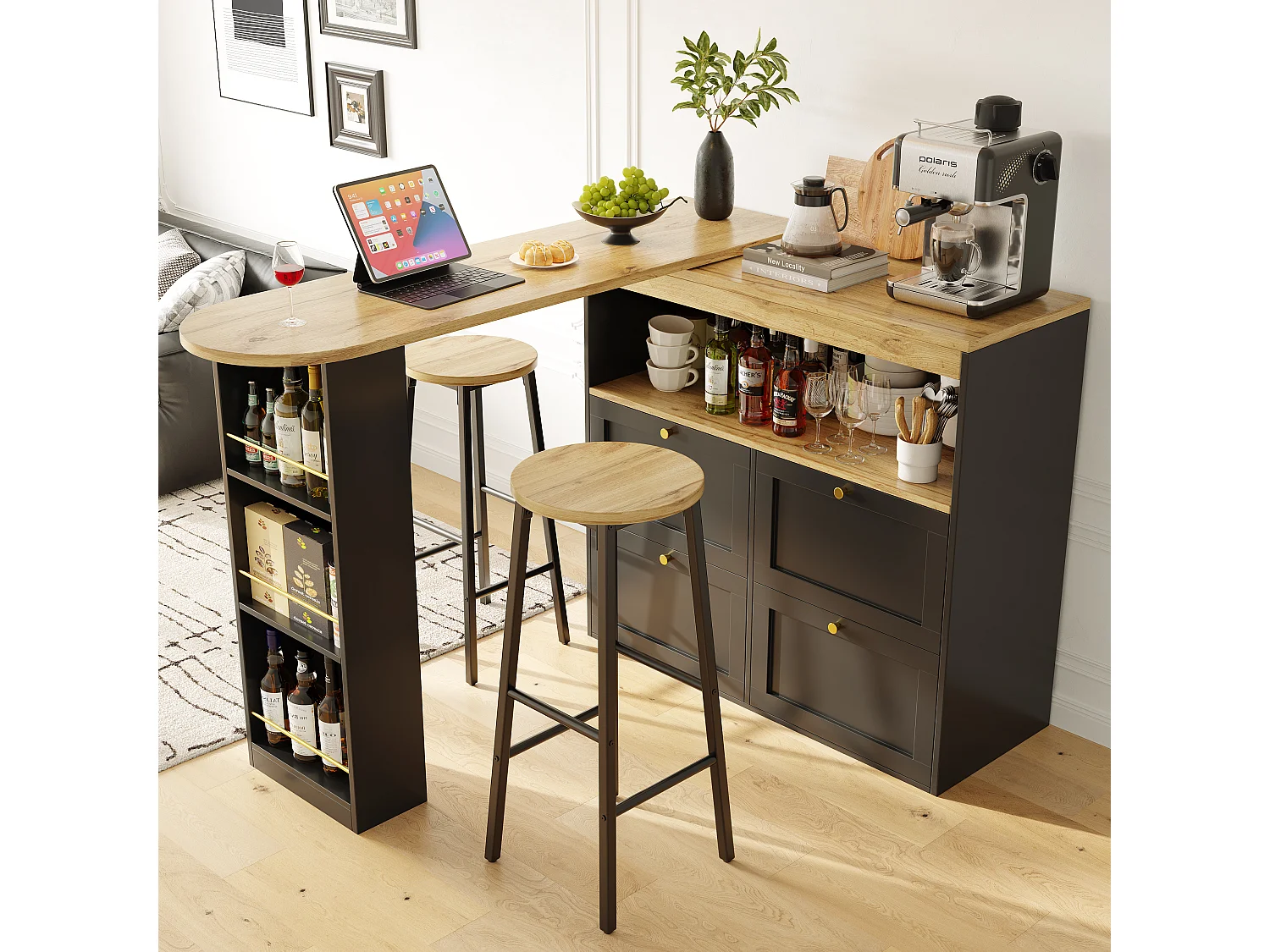 Lot de 2 Tabouret de bar avec repose-pieds et pieds réglables - MDF/métal - 30 x 30 x 70 cm - Noir + bois naturel