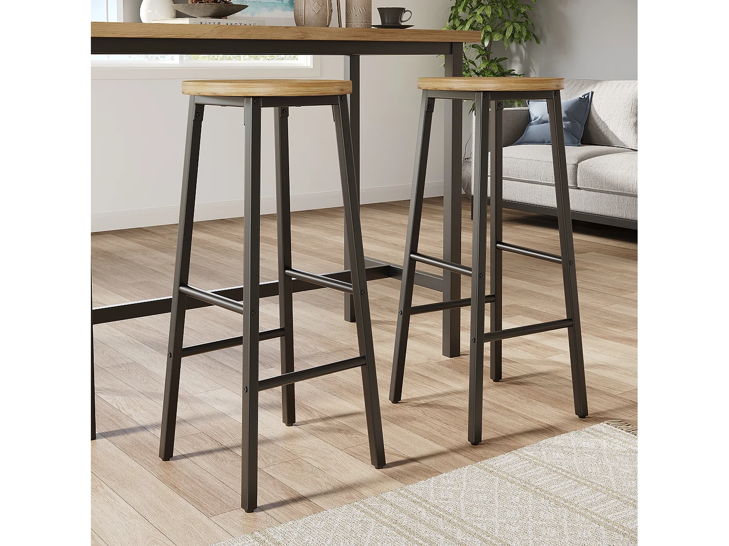 Lot de 2 Tabouret de bar avec repose-pieds et pieds réglables - MDF/métal - 30 x 30 x 70 cm - Noir + bois naturel