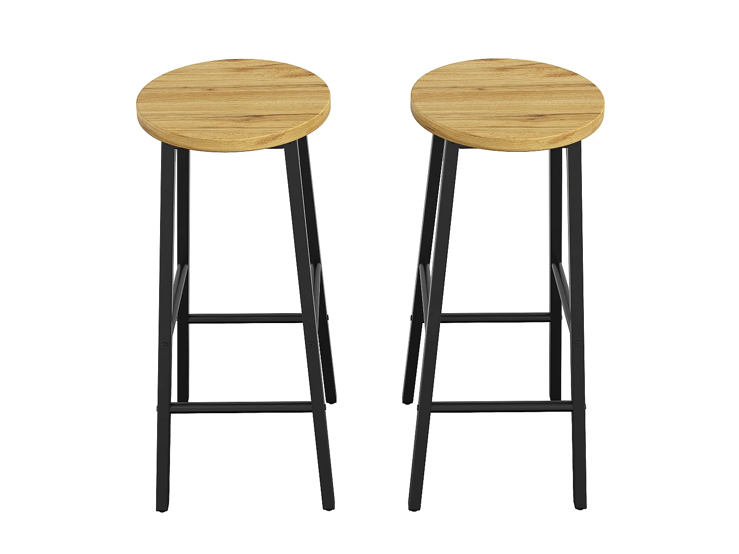Lot de 2 Tabouret de bar avec repose-pieds et pieds réglables - MDF/métal - 30 x 30 x 70 cm - Noir + bois naturel