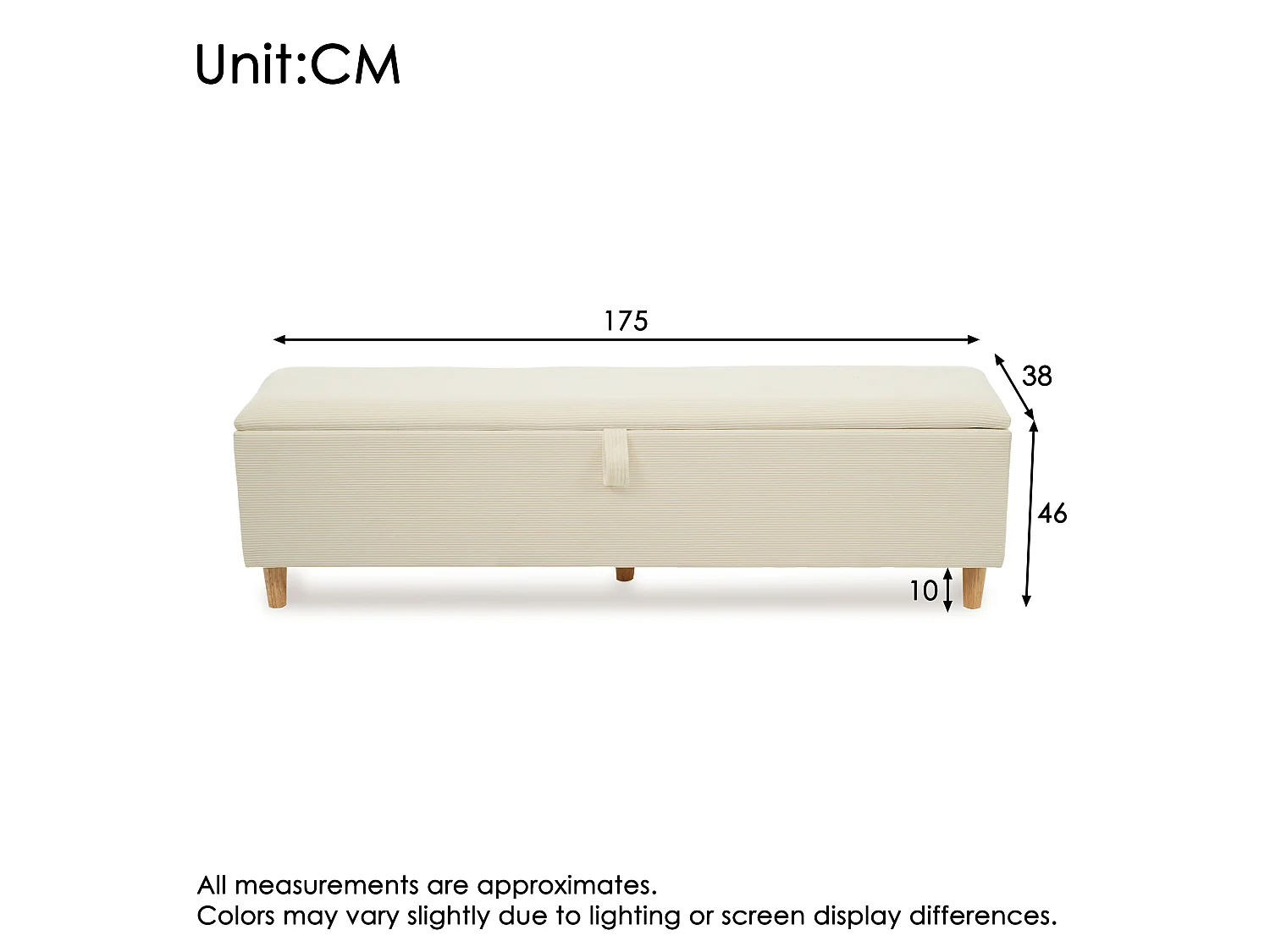 Banc coffre de rangement en velours côtelé, banquette de lit - 175 x 38 x 46 cm - pour chambre, salon et couloir - Beige
