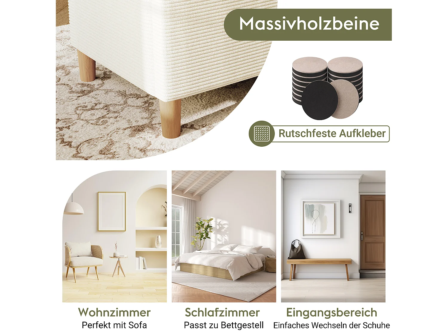 Banc coffre de rangement en velours côtelé, banquette de lit - 175 x 38 x 46 cm - pour chambre, salon et couloir - Beige