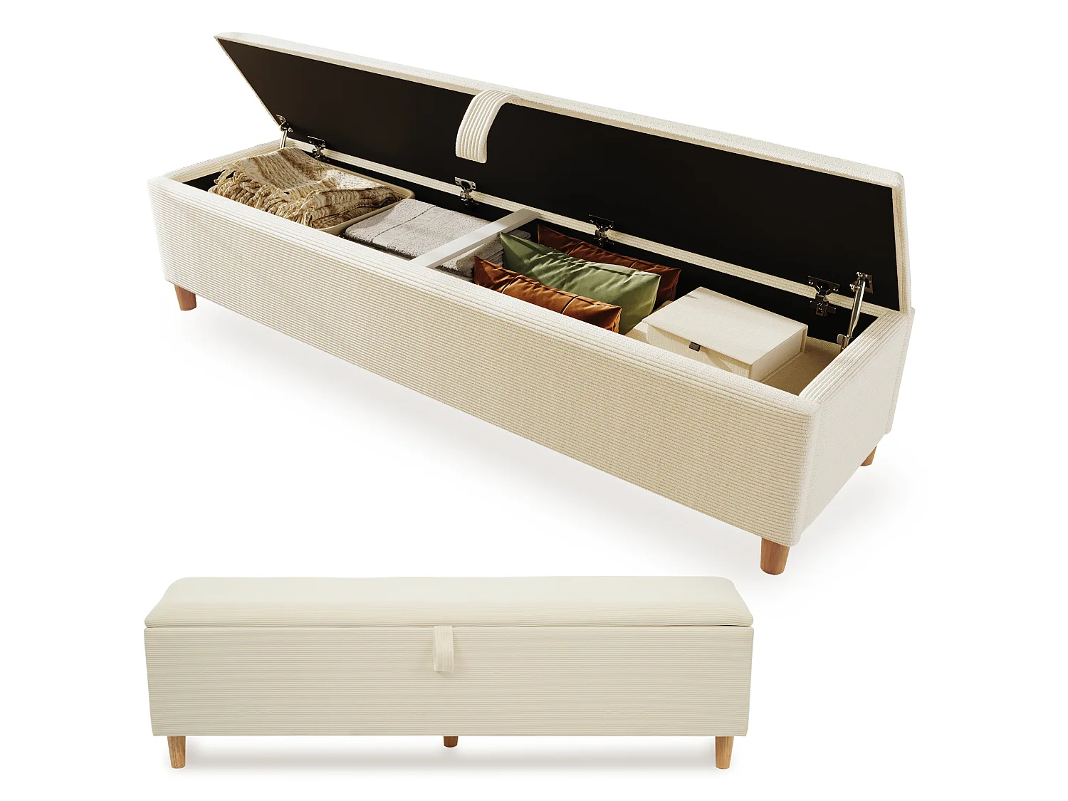Banc coffre de rangement en velours côtelé, banquette de lit - 175 x 38 x 46 cm - pour chambre, salon et couloir - Beige