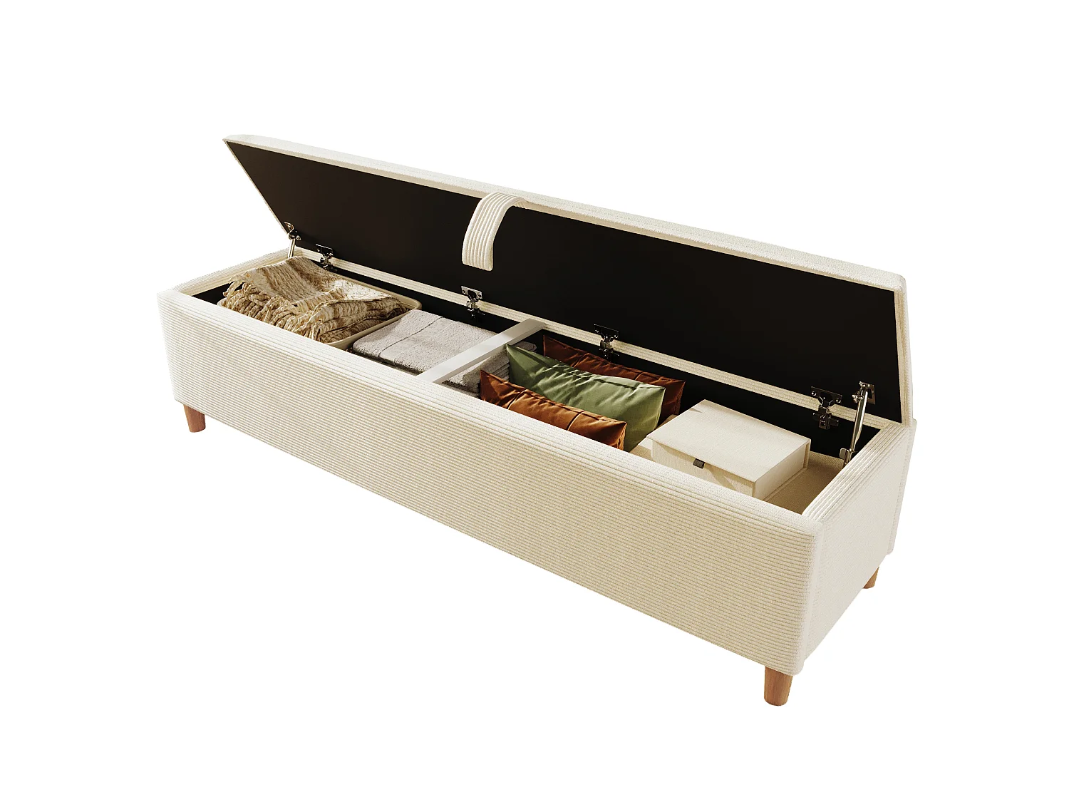 Banc coffre de rangement en velours côtelé, banquette de lit - 175 x 38 x 46 cm - pour chambre, salon et couloir - Beige
