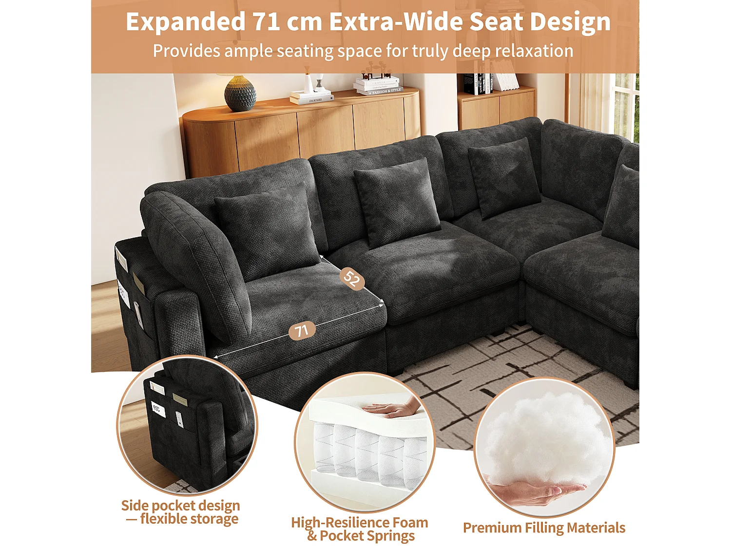 Modular 4-seater corner sofa with storage ottoman, 3 cushions and storage pockets - Chenille - 226 x 147 x 81 cm - Grey