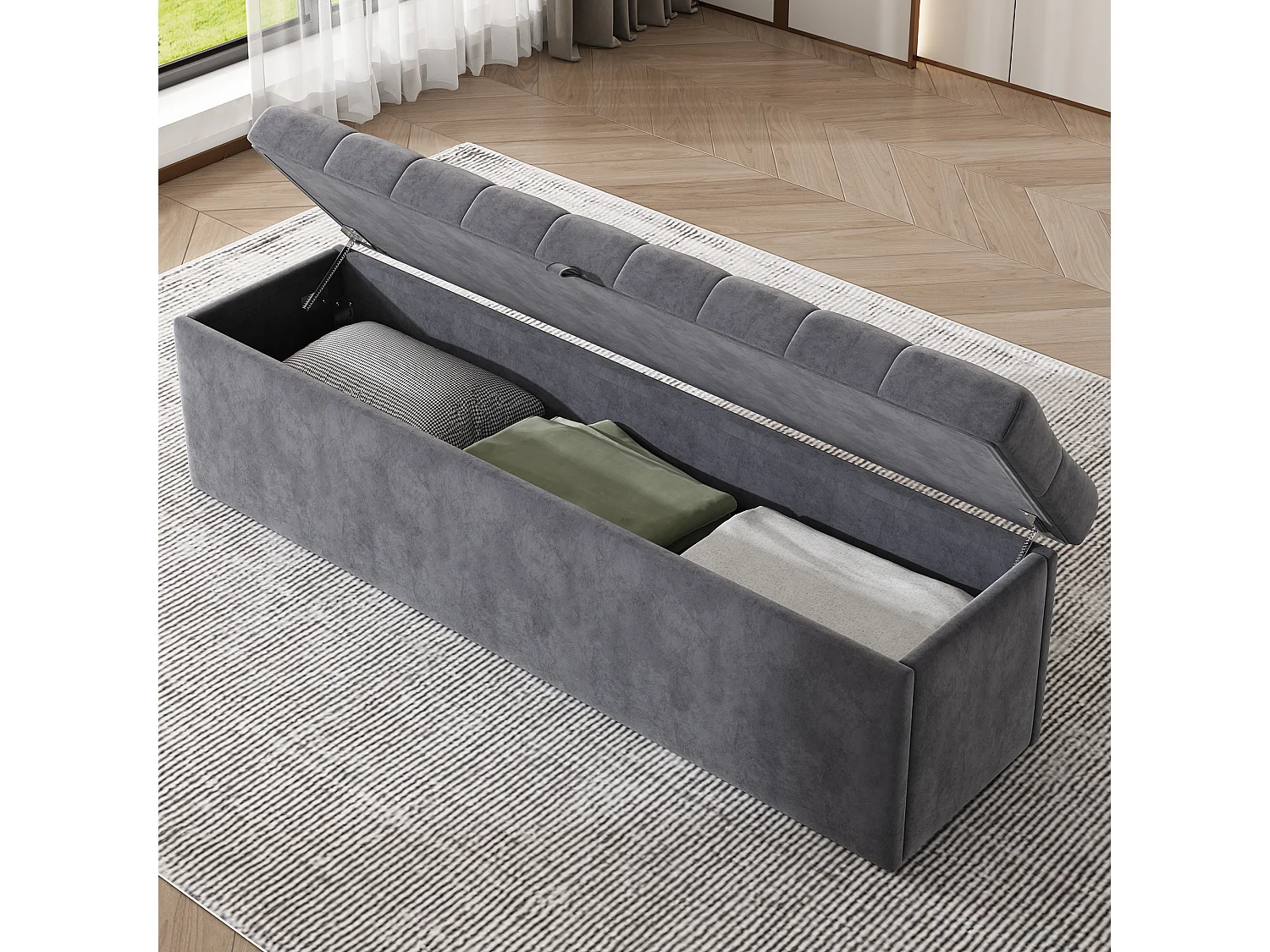 Banc avec rangement, Banc recouvert de velours, Assise rembourrée, Tabouret de lit, Gris 138 x 41 x 42 cm