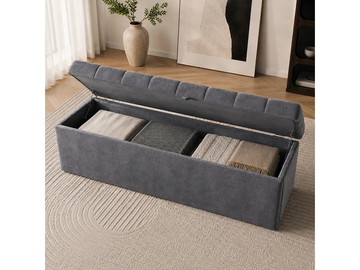 Banc avec rangement, Banc recouvert de velours, Assise rembourrée, Tabouret de lit, Gris 138 x 41 x 42 cm