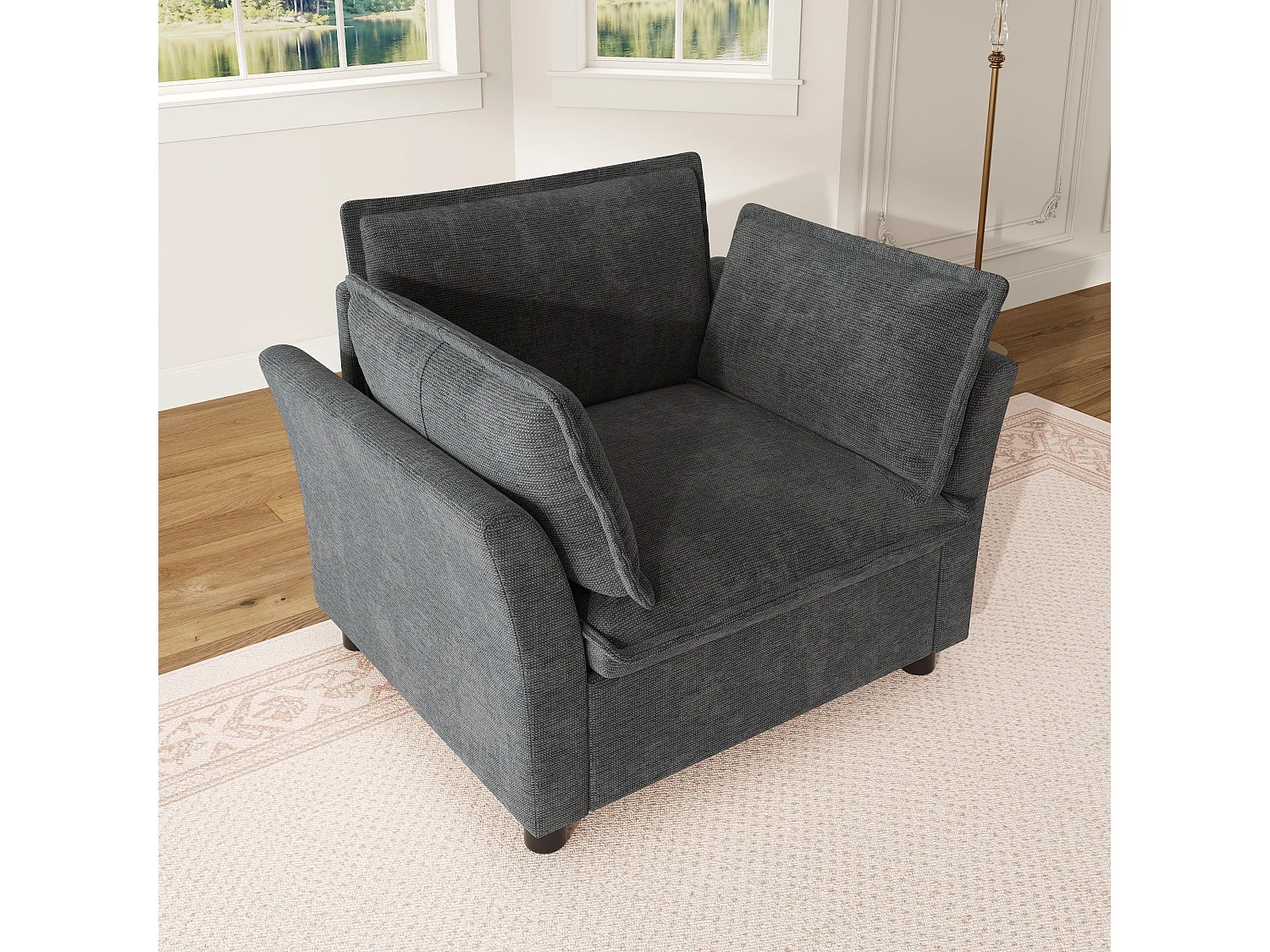 Fauteuil en chenille avec 2 coussins, assise à ressorts ensachés - 90 x 81 x 87 cm - Fer, bois massif et bois composite - Gris