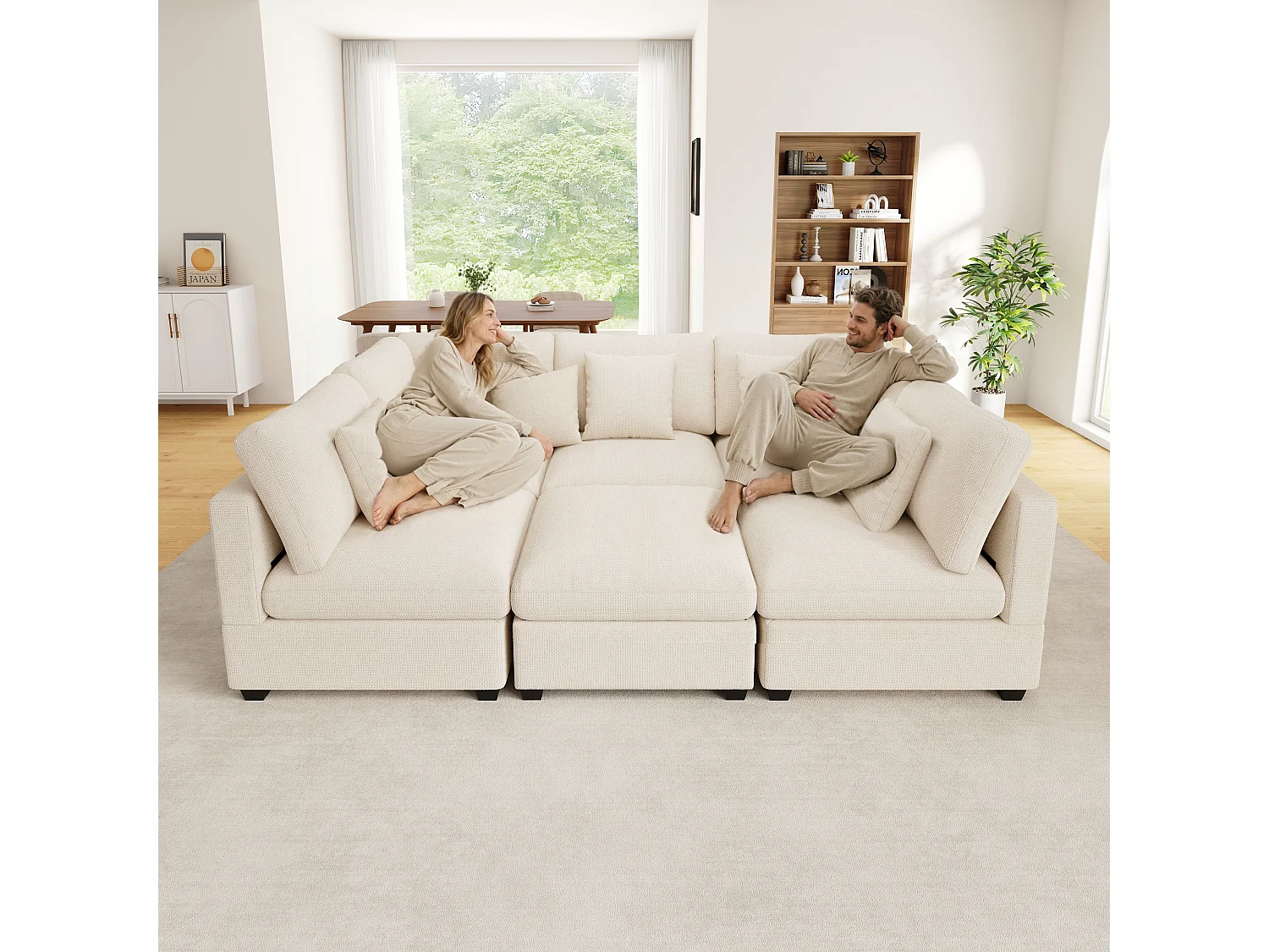 Canapé d'angle XXL modulable 6 places avec pouf coffre, 5 coussins et rangement latéral - Chenille - 370 x 147 x 81 cm - Beige
