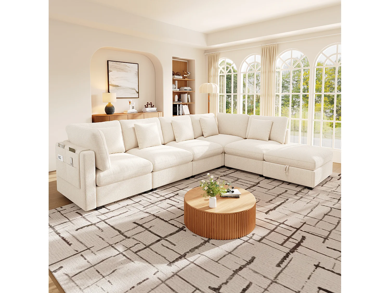Canapé d'angle XXL modulable 6 places avec pouf coffre, 5 coussins et rangement latéral - Chenille - 370 x 147 x 81 cm - Beige