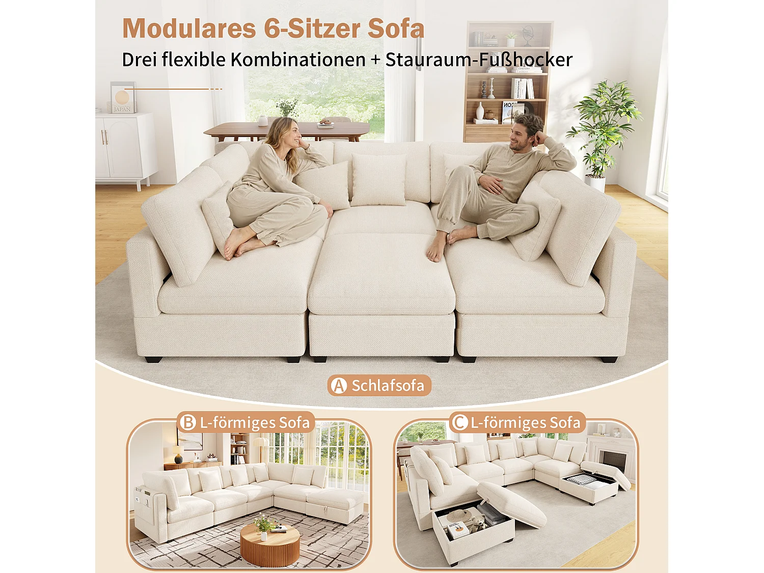 Canapé d'angle XXL modulable 6 places avec pouf coffre, 5 coussins et rangement latéral - Chenille - 370 x 147 x 81 cm - Beige