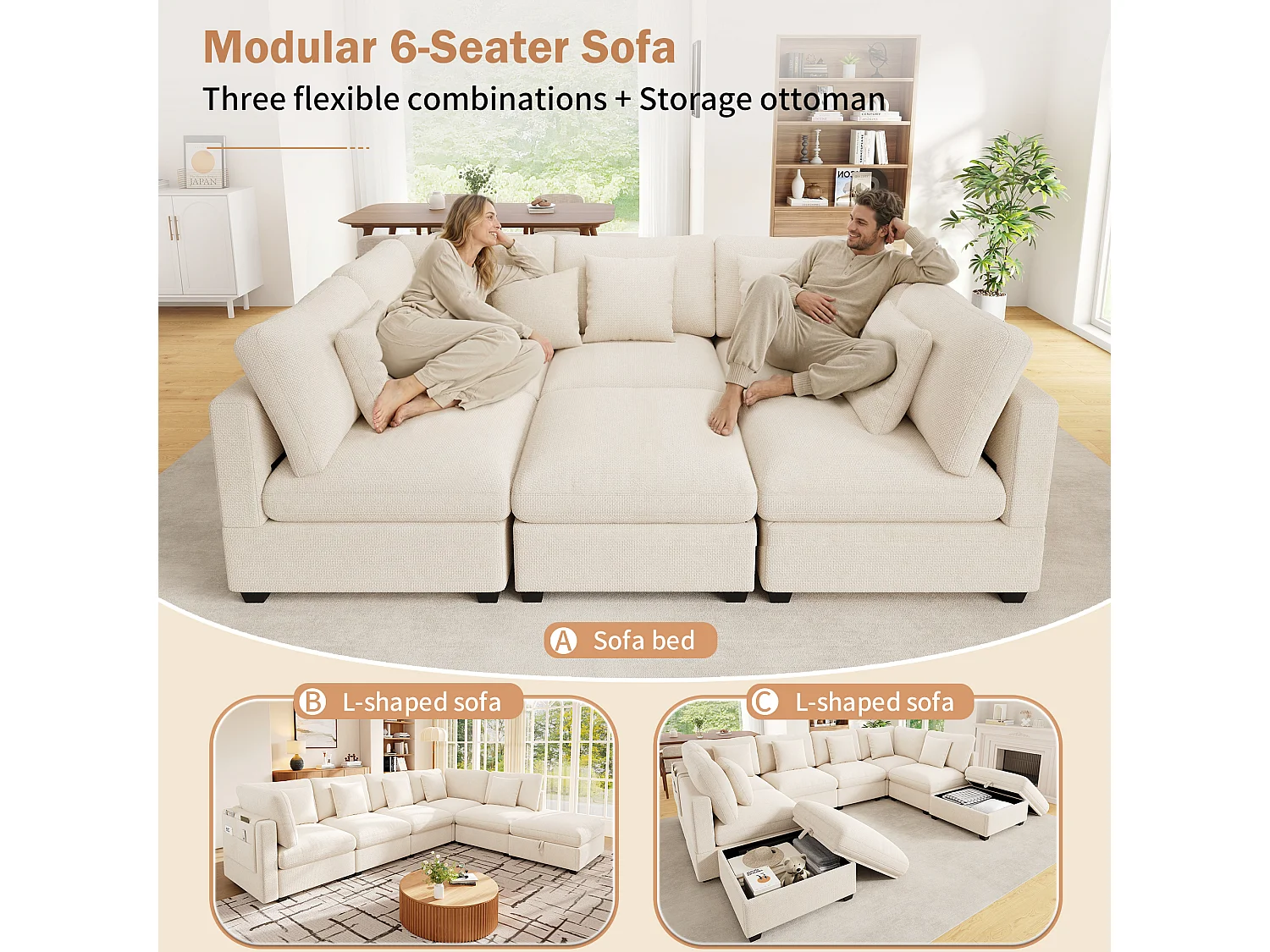 Canapé d'angle XXL modulable 6 places avec pouf coffre, 5 coussins et rangement latéral - Chenille - 370 x 147 x 81 cm - Beige