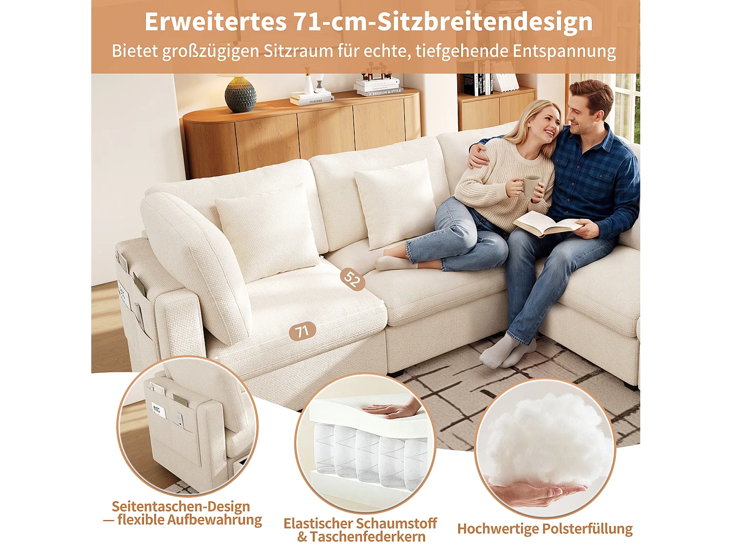 Canapé d'angle 4 places modulable avec pouf coffre, 3 coussins et poches de rangement - Chenille - 226 x 147 x 81 cm - Beige
