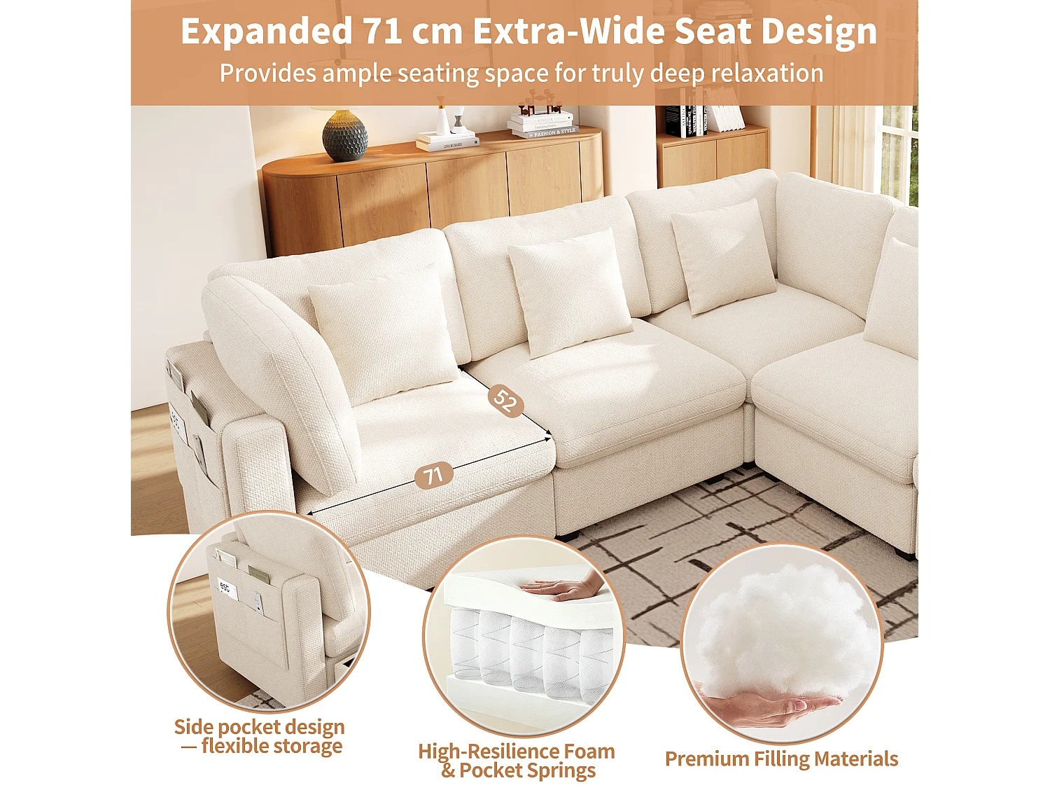 Canapé d'angle 4 places modulable avec pouf coffre, 3 coussins et poches de rangement - Chenille - 226 x 147 x 81 cm - Beige