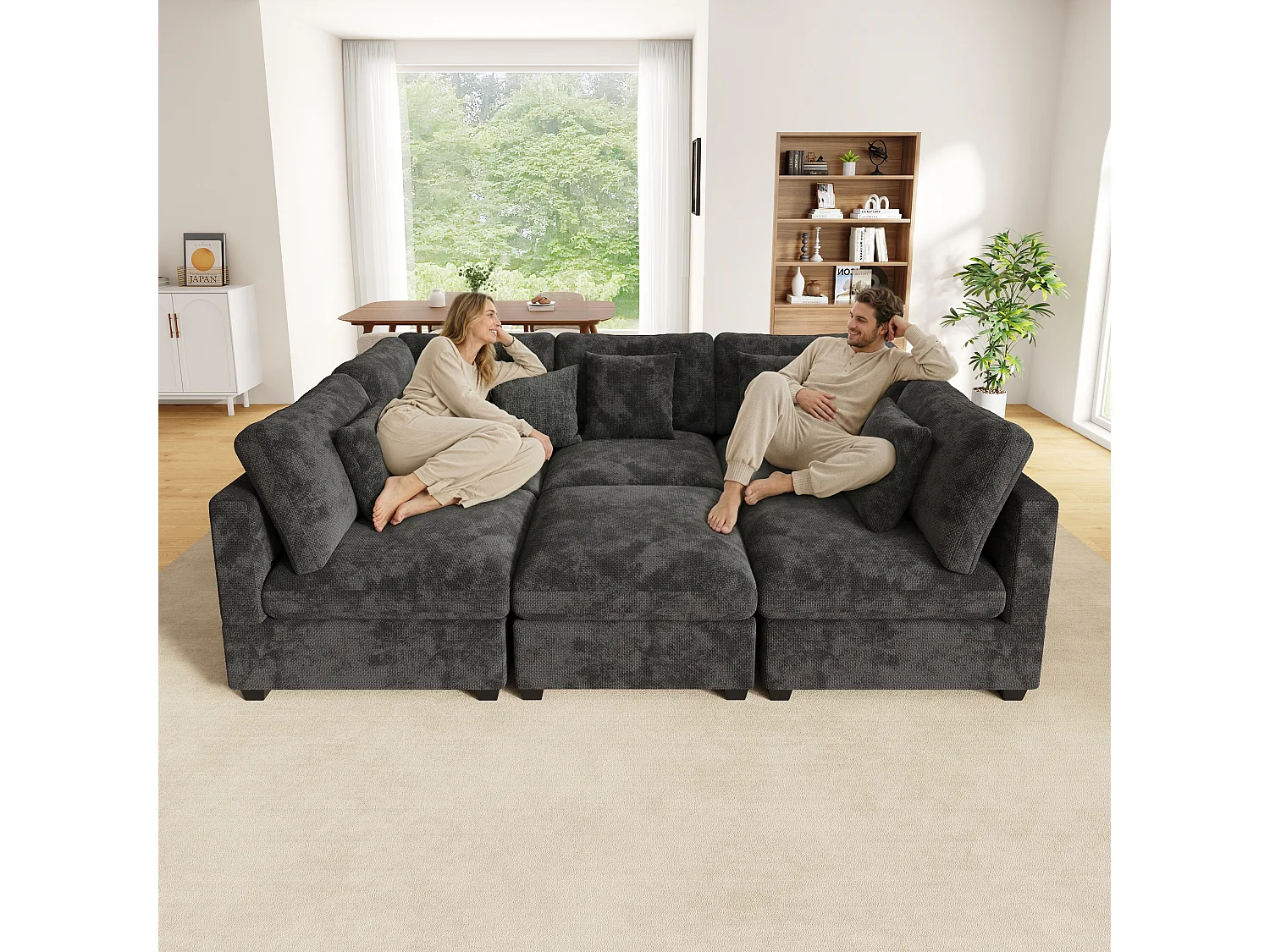 Modular XXL 6-seater corner sofa with storage ottoman, 5 cushions and side storage - Chenille - 370 x 147 x 81 cm - Grey
