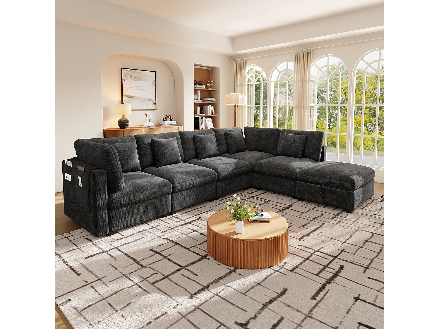 Modular XXL 6-seater corner sofa with storage ottoman, 5 cushions and side storage - Chenille - 370 x 147 x 81 cm - Grey