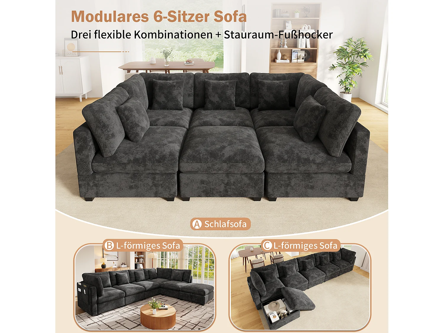 Modular XXL 6-seater corner sofa with storage ottoman, 5 cushions and side storage - Chenille - 370 x 147 x 81 cm - Grey