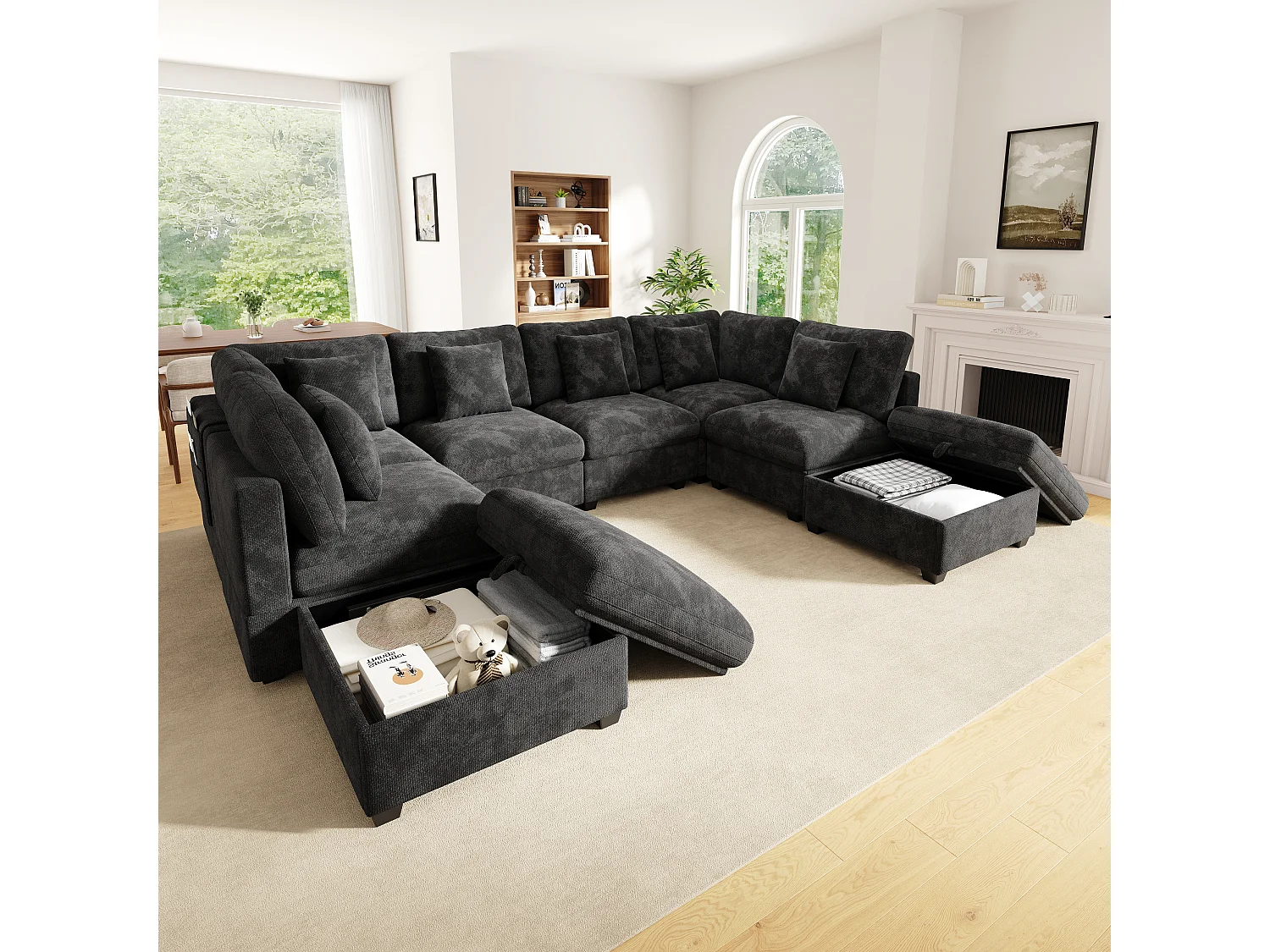 Modular 8-seater U-shaped corner sofa with 2 storage ottomans and side pockets - Chenille - 292 x 220 x 81 cm - Grey