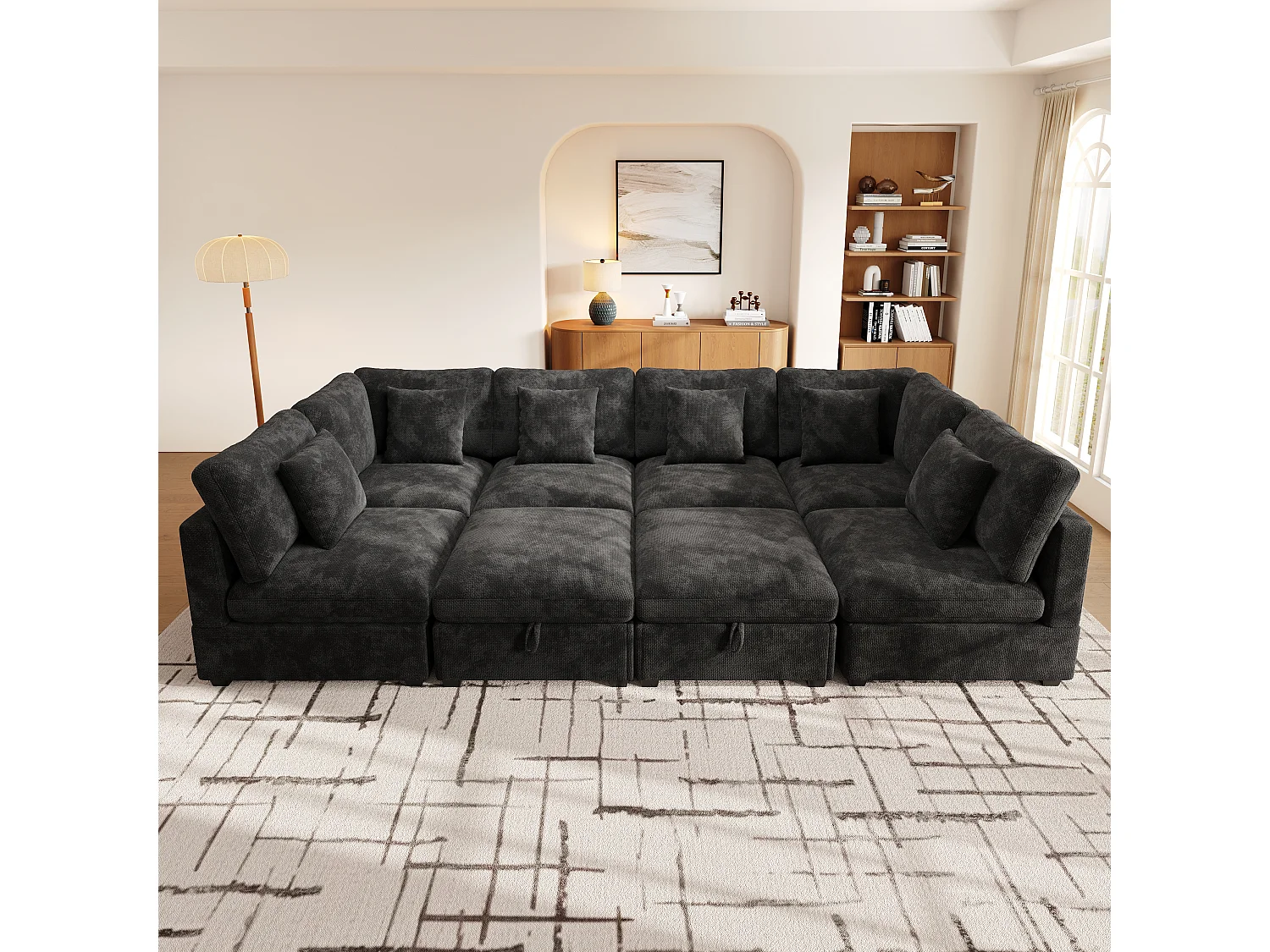 Modular 8-seater U-shaped corner sofa with 2 storage ottomans and side pockets - Chenille - 292 x 220 x 81 cm - Grey