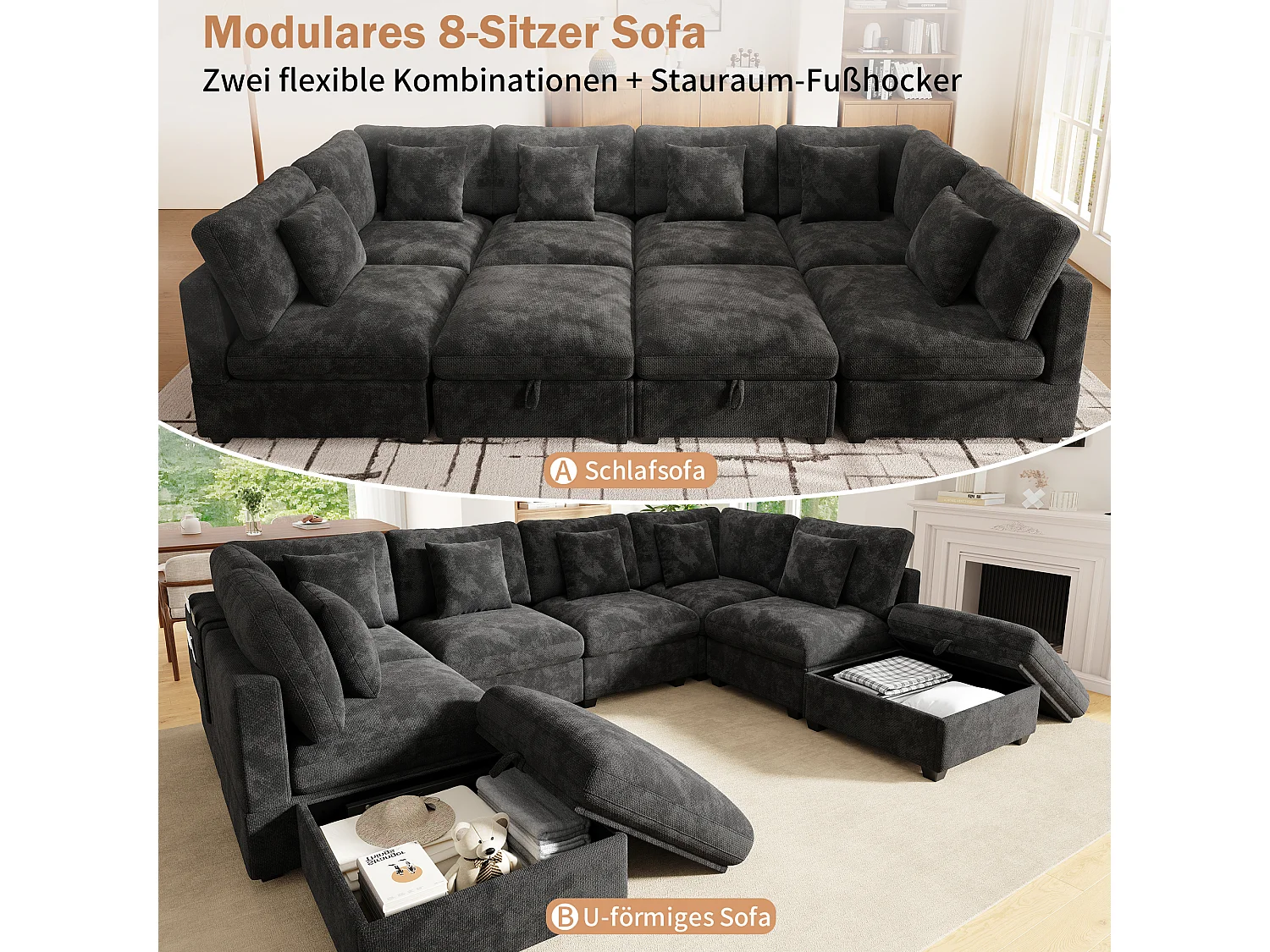 Modular 8-seater U-shaped corner sofa with 2 storage ottomans and side pockets - Chenille - 292 x 220 x 81 cm - Grey