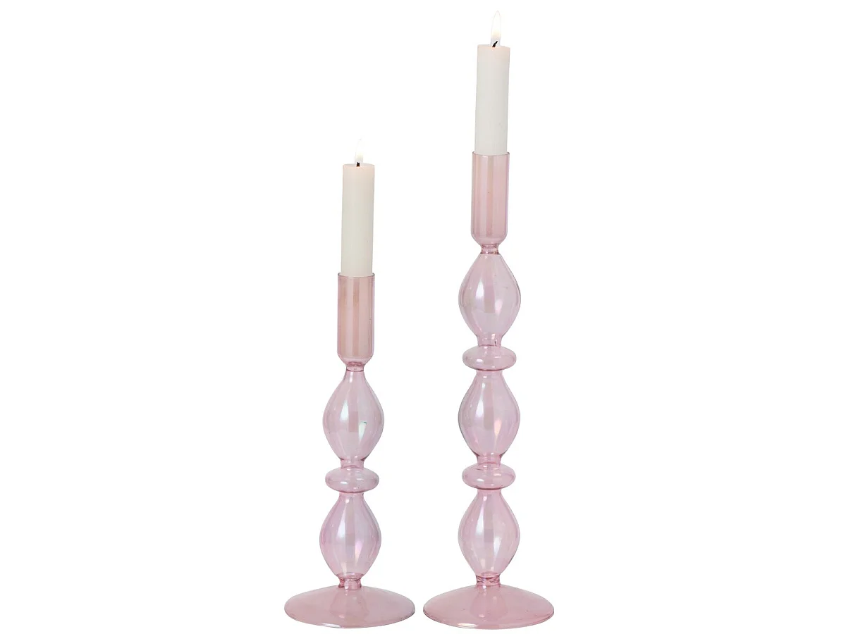 Lot de 2 Bougeoirs en Verre "Nadège" 32cm Rose