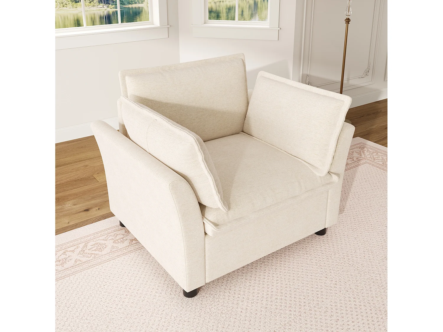 Fauteuil en chenille avec 2 coussins, assise à ressorts ensachés - 90 x 81 x 87 cm - Fer, bois massif et bois composite - Beige