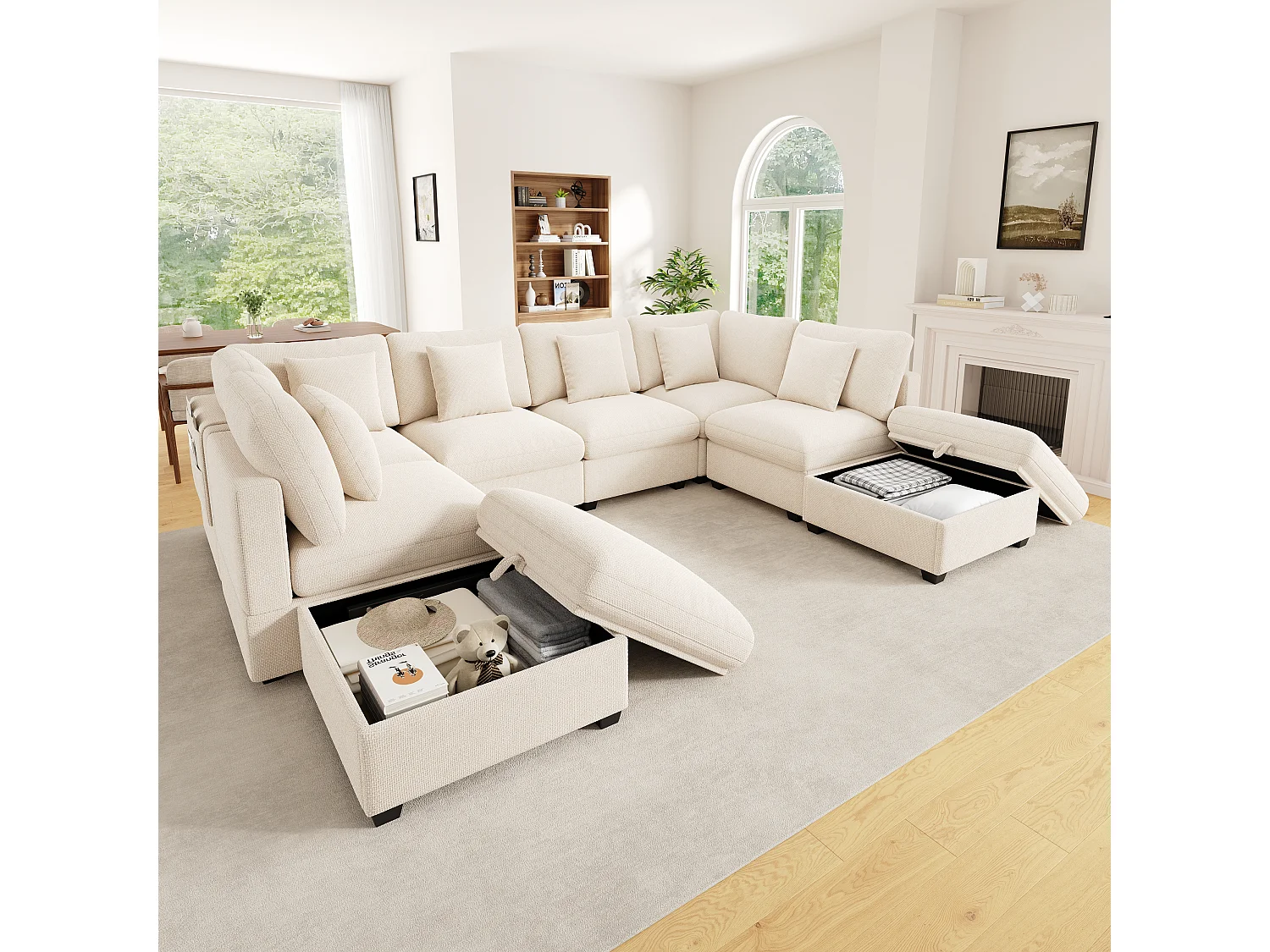 Canapé d'angle modulable 8 places en U avec 2 poufs de rangement et poches latérales - Chenille - 292 x 220 x 81 cm- Beige