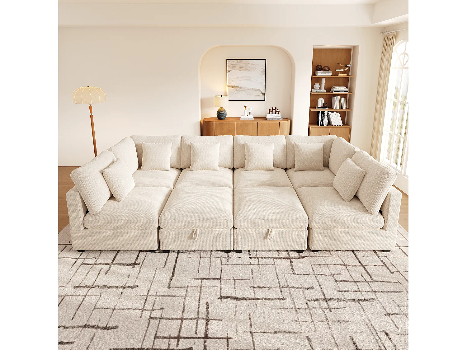 Canapé d'angle modulable 8 places en U avec 2 poufs de rangement et poches latérales - Chenille - 292 x 220 x 81 cm- Beige