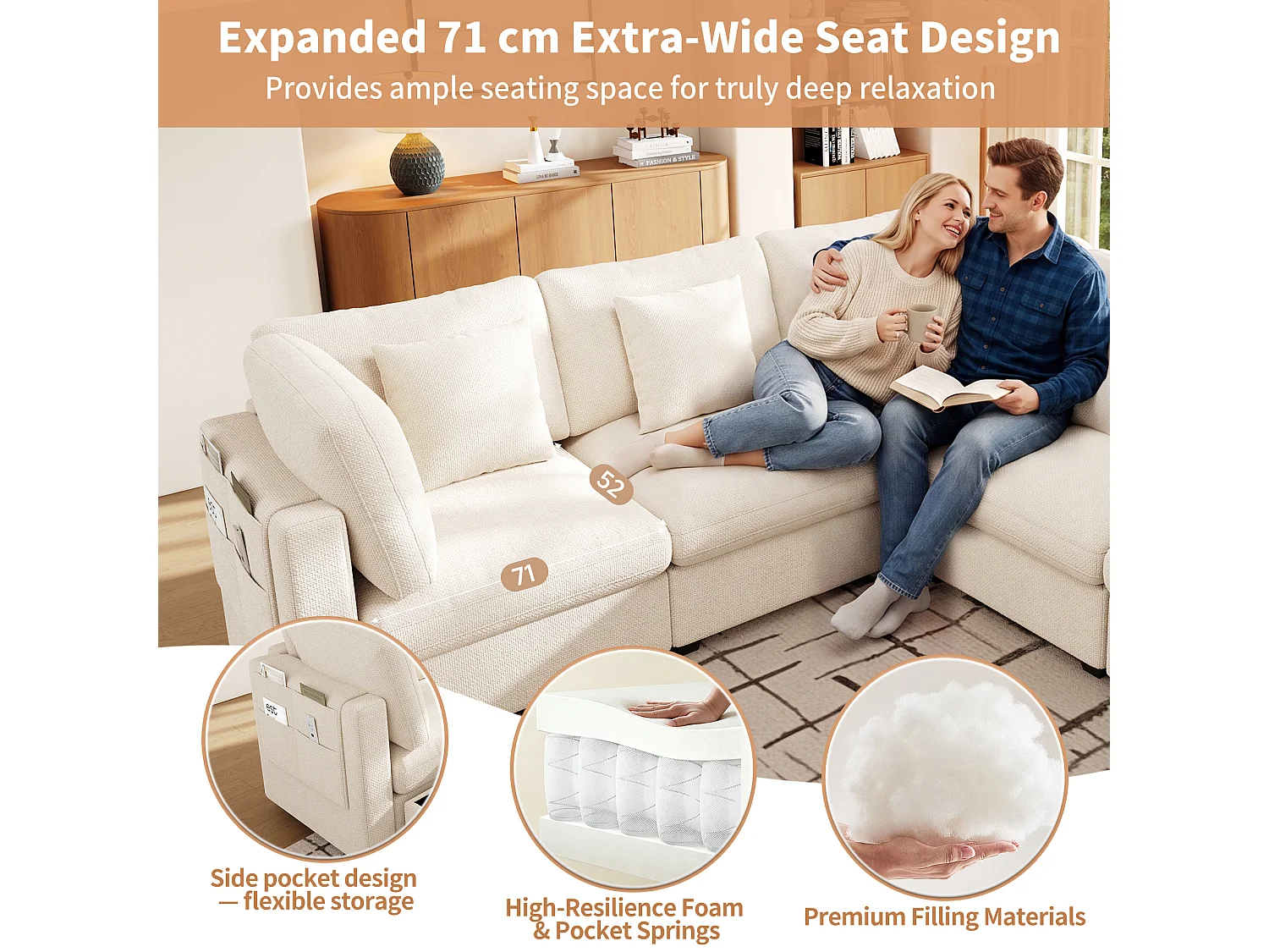 Canapé d'angle modulable 8 places en U avec 2 poufs de rangement et poches latérales - Chenille - 292 x 220 x 81 cm- Beige