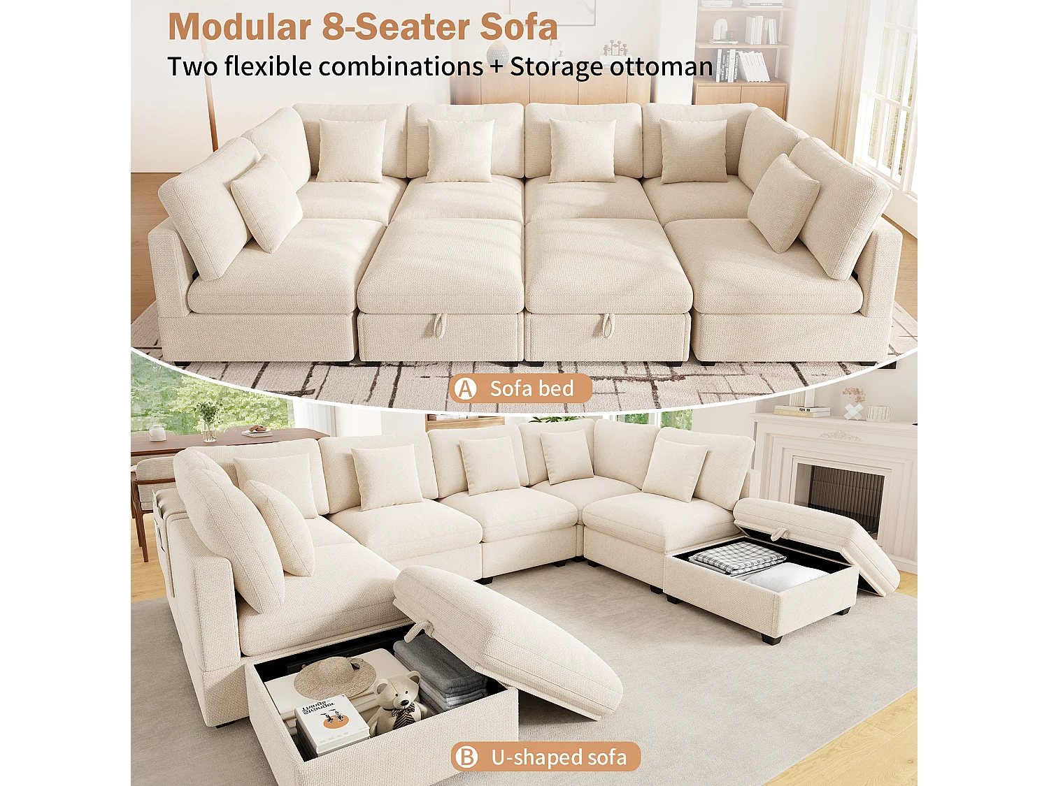 Canapé d'angle modulable 8 places en U avec 2 poufs de rangement et poches latérales - Chenille - 292 x 220 x 81 cm- Beige