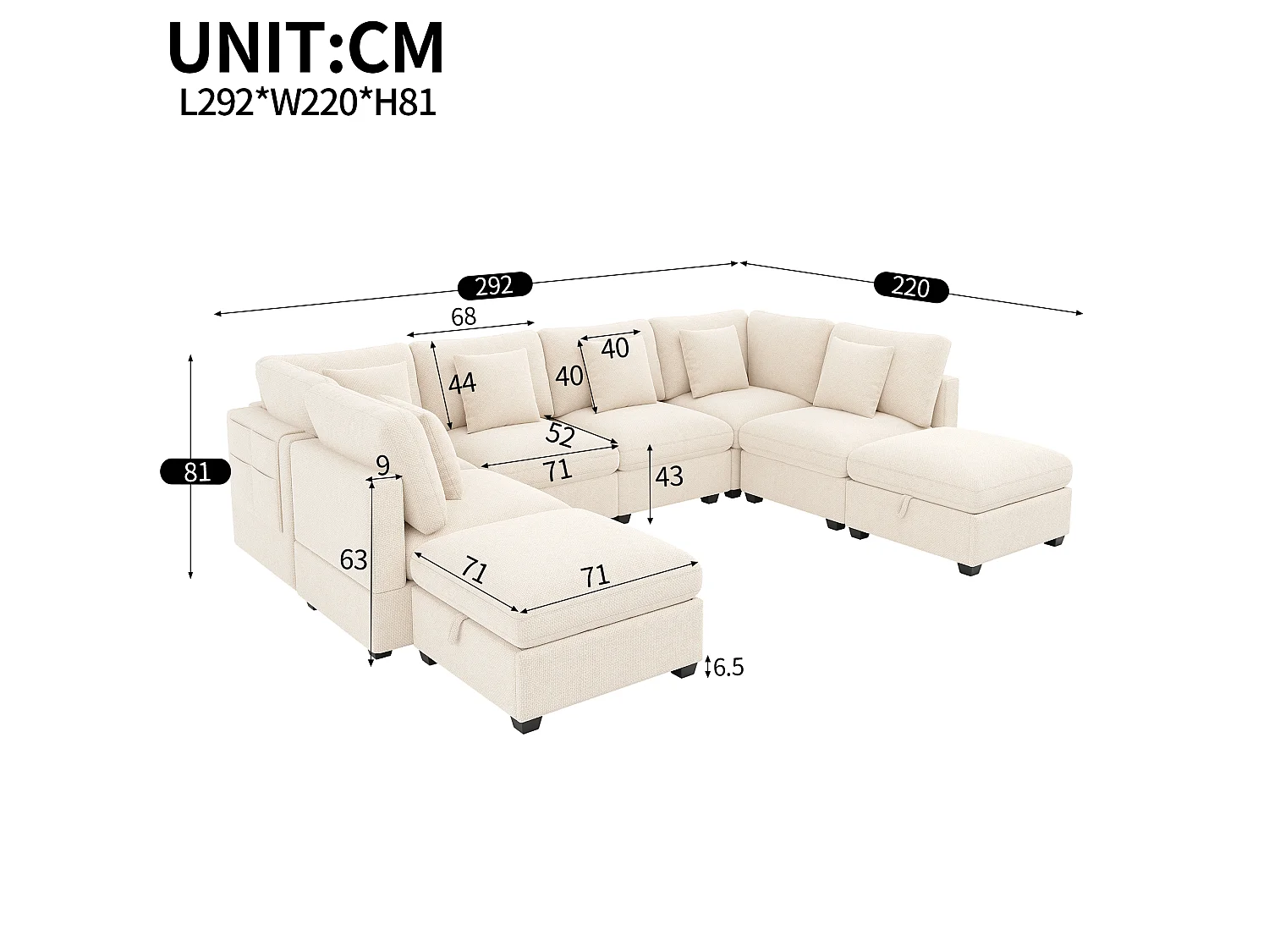 Canapé d'angle modulable 8 places en U avec 2 poufs de rangement et poches latérales - Chenille - 292 x 220 x 81 cm- Beige