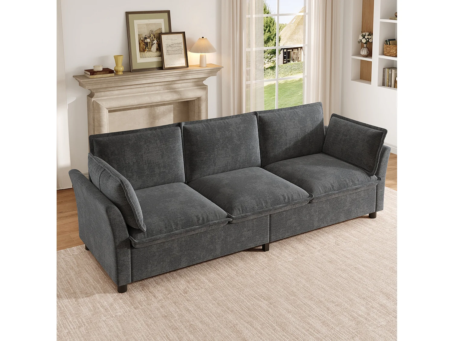 3-personers chenille sofa med 2 hynder - Pocketfjeder og sæde med høj modstandsdygtigt skum - 220 x 81 x 87 cm - Grå