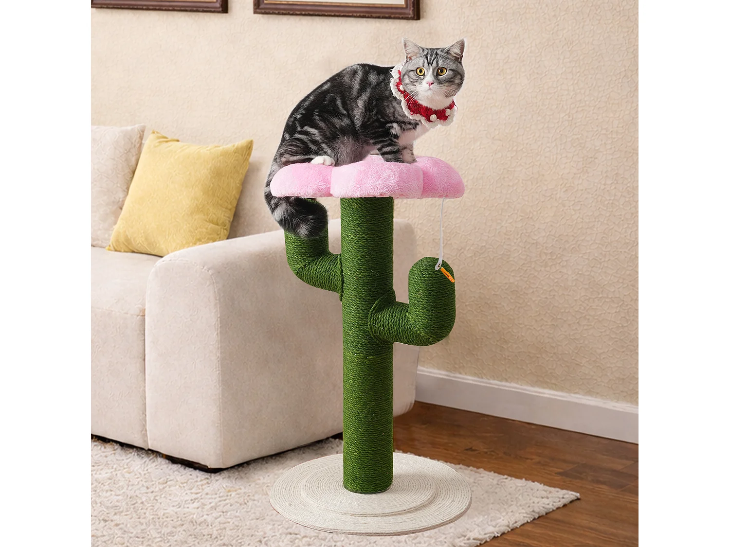 Arbre à chat avec poteaux en sisal épais, système anti-basculement et griffoir - D 46 x H 90 cm - Tube en carton + MDF + corde en jute - Vert