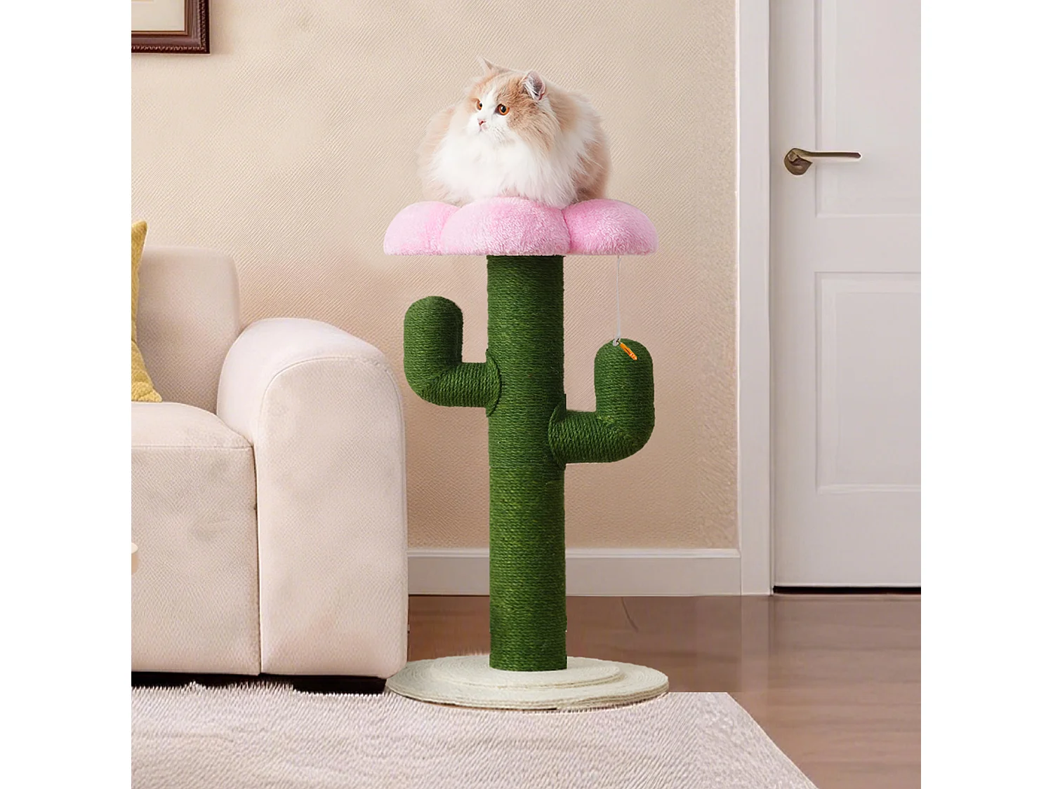 Arbre à chat avec poteaux en sisal épais, système anti-basculement et griffoir - D 46 x H 90 cm - Tube en carton + MDF + corde en jute - Vert