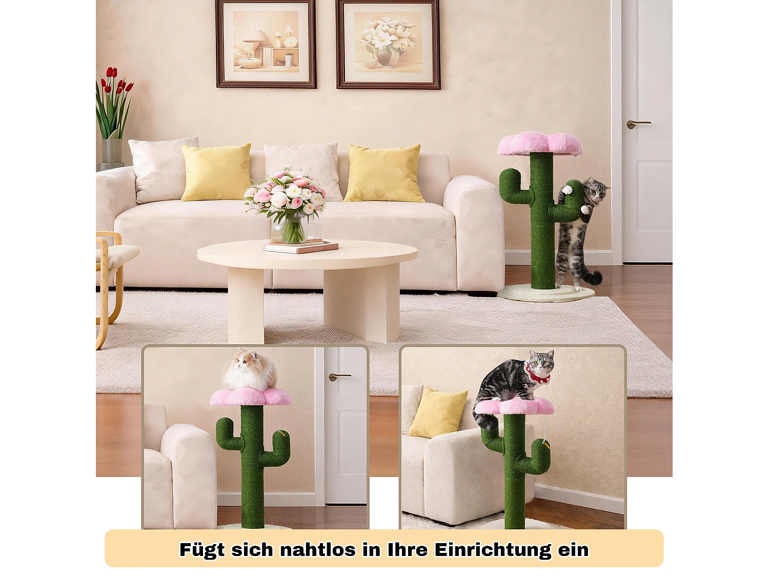 Arbre à chat avec poteaux en sisal épais, système anti-basculement et griffoir - D 46 x H 90 cm - Tube en carton + MDF + corde en jute - Vert