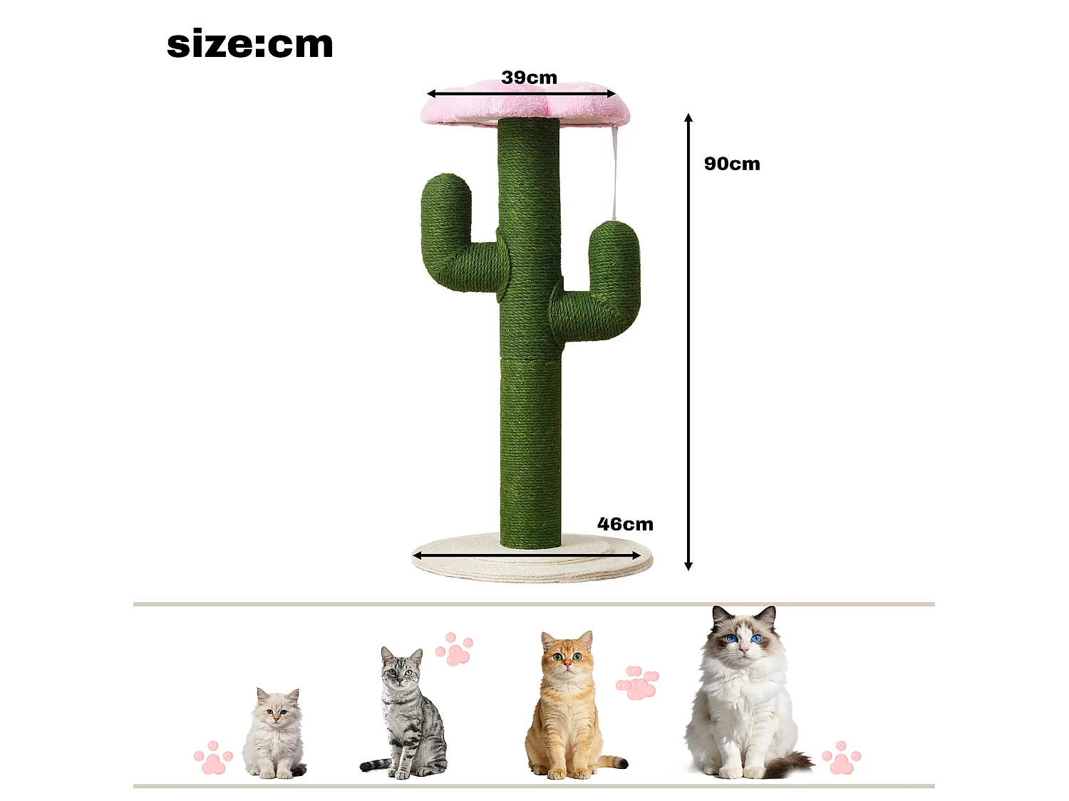 Arbre à chat avec poteaux en sisal épais, système anti-basculement et griffoir - D 46 x H 90 cm - Tube en carton + MDF + corde en jute - Vert