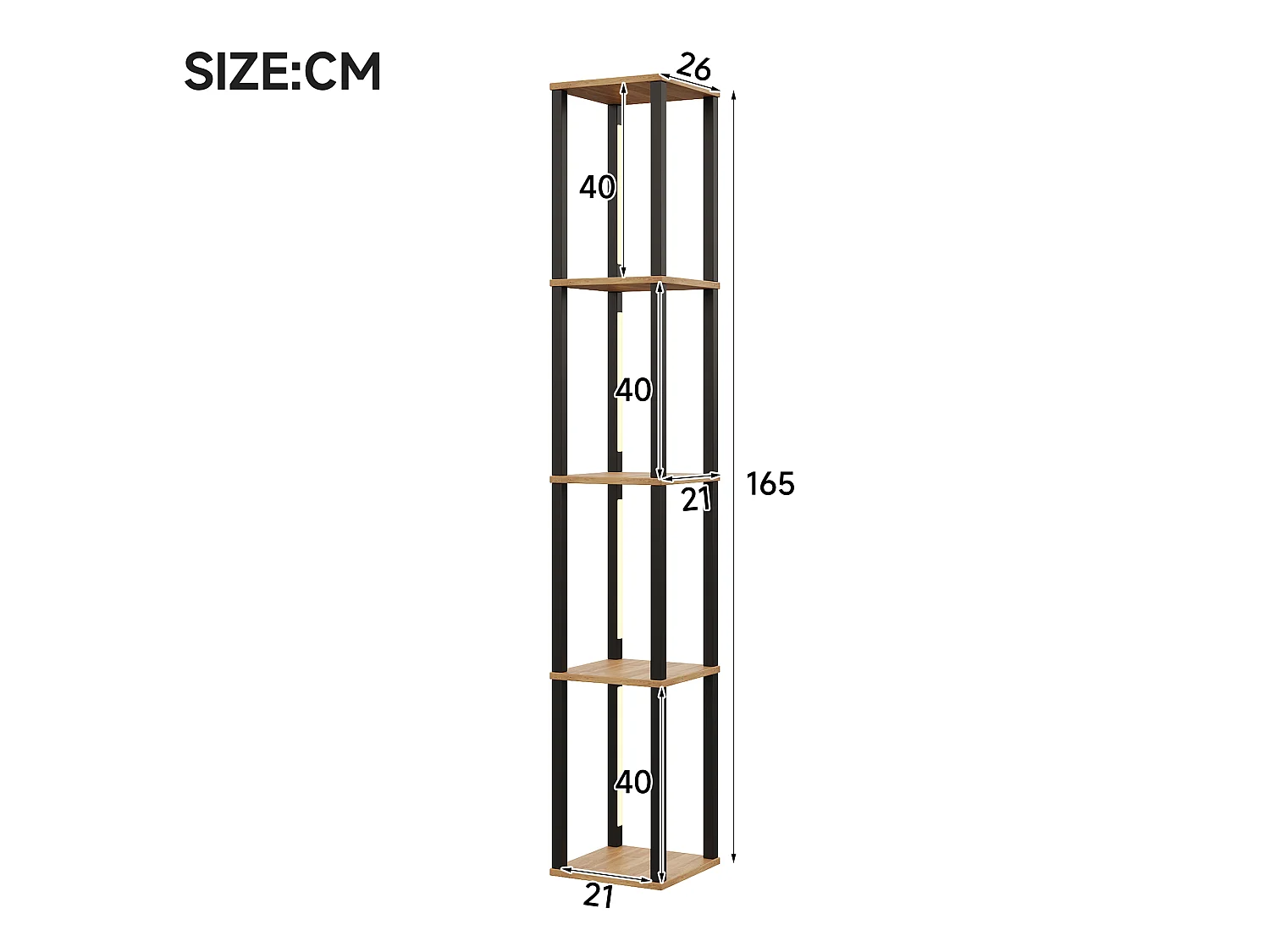4-Tier Shelf with 3-Color LED Lighting - 26 x 26 x 165 cm - MDF - Modern Minimalist Design - Black and Wood Look