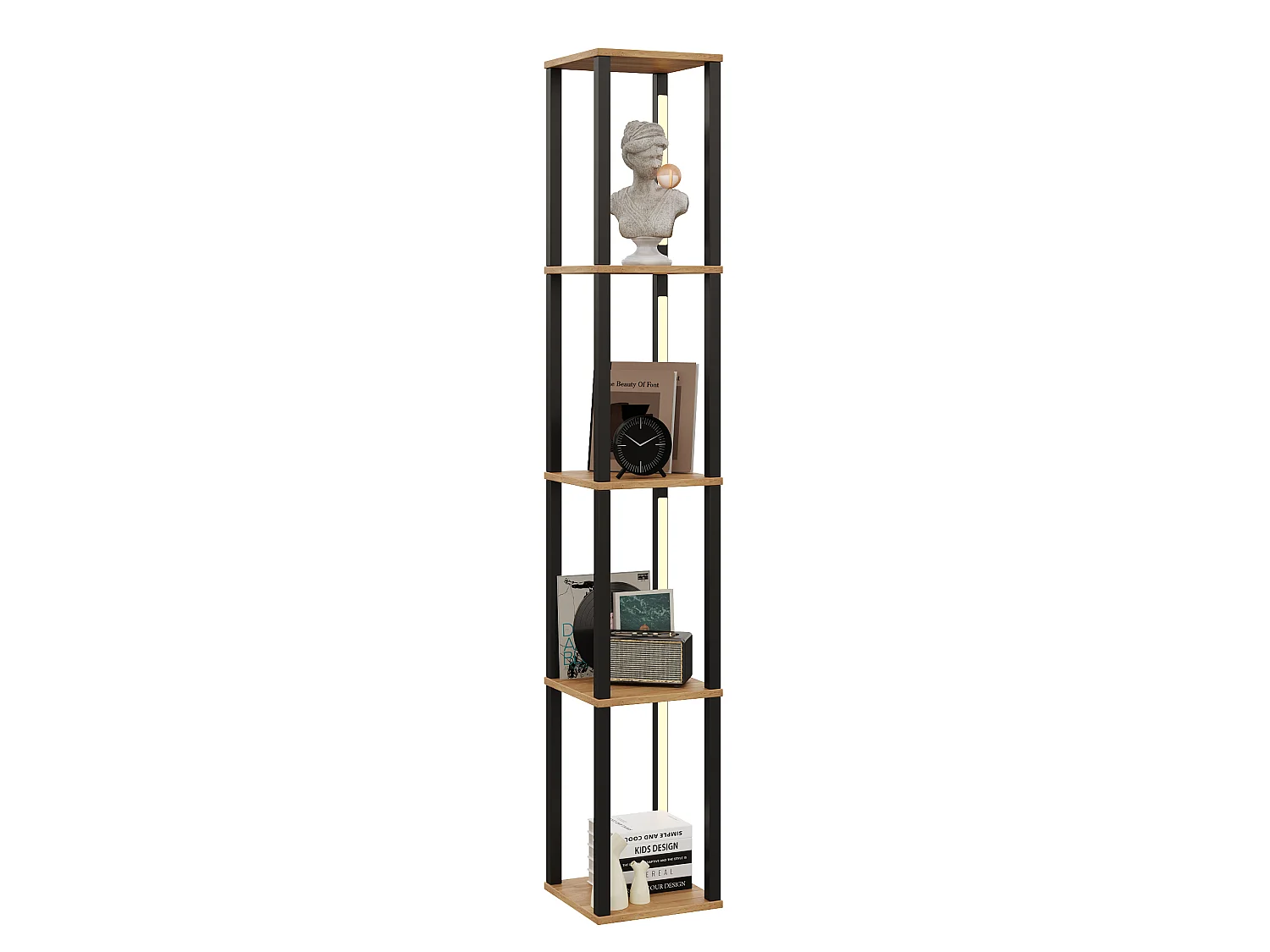 4-Tier Shelf with 3-Color LED Lighting - 26 x 26 x 165 cm - MDF - Modern Minimalist Design - Black and Wood Look