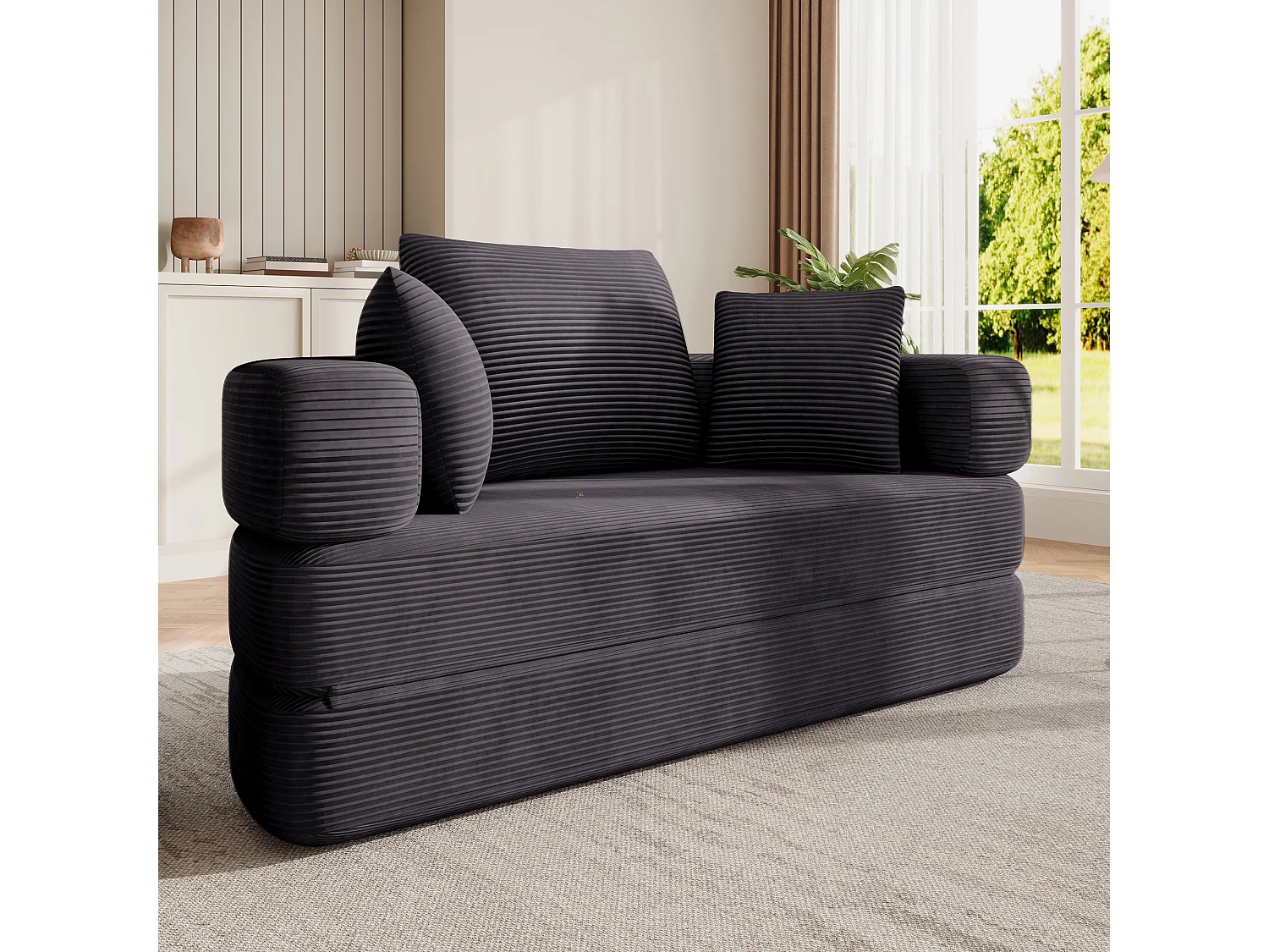 Sofá modular de 2 lugares com almofadas - 173 x 176 x 60 cm - Estofamento em veludo cotelê - para sala de estar, quarto - Preto