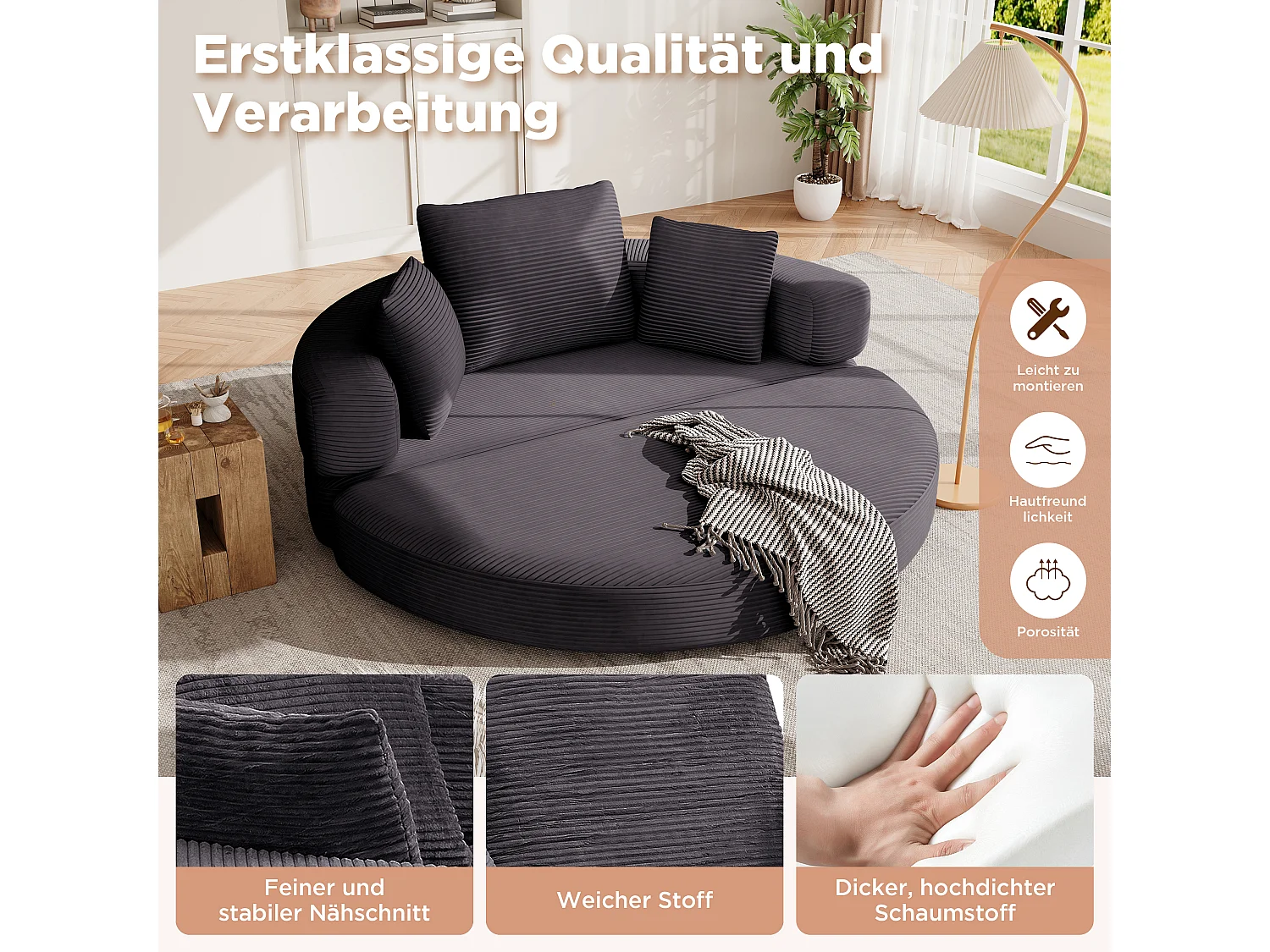 Sofá modular de 2 lugares com almofadas - 173 x 176 x 60 cm - Estofamento em veludo cotelê - para sala de estar, quarto - Preto