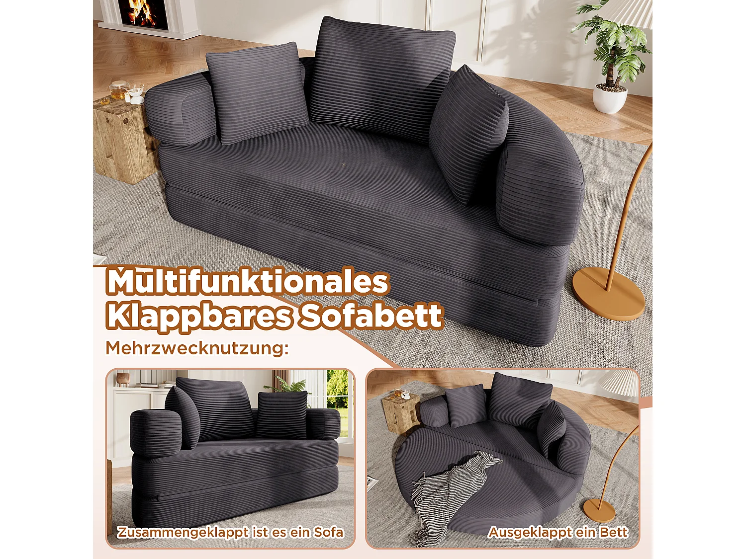 Sofá modular de 2 lugares com almofadas - 173 x 176 x 60 cm - Estofamento em veludo cotelê - para sala de estar, quarto - Preto