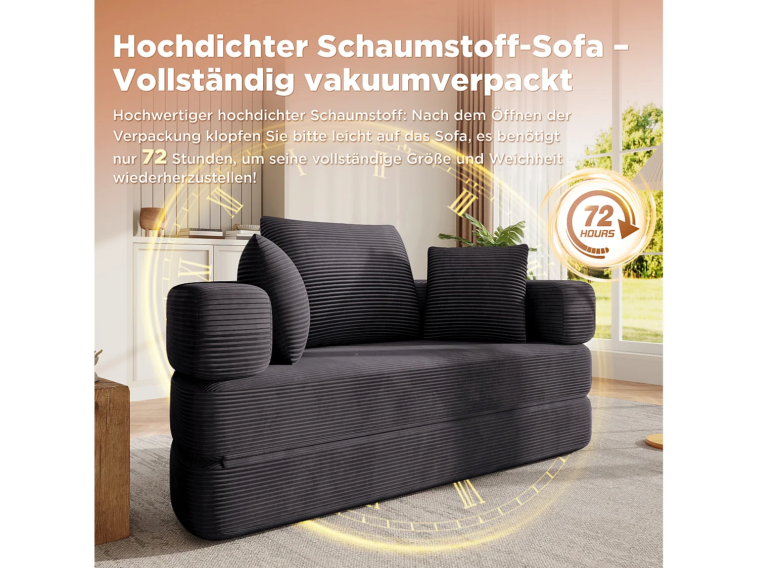 Sofá modular de 2 lugares com almofadas - 173 x 176 x 60 cm - Estofamento em veludo cotelê - para sala de estar, quarto - Preto