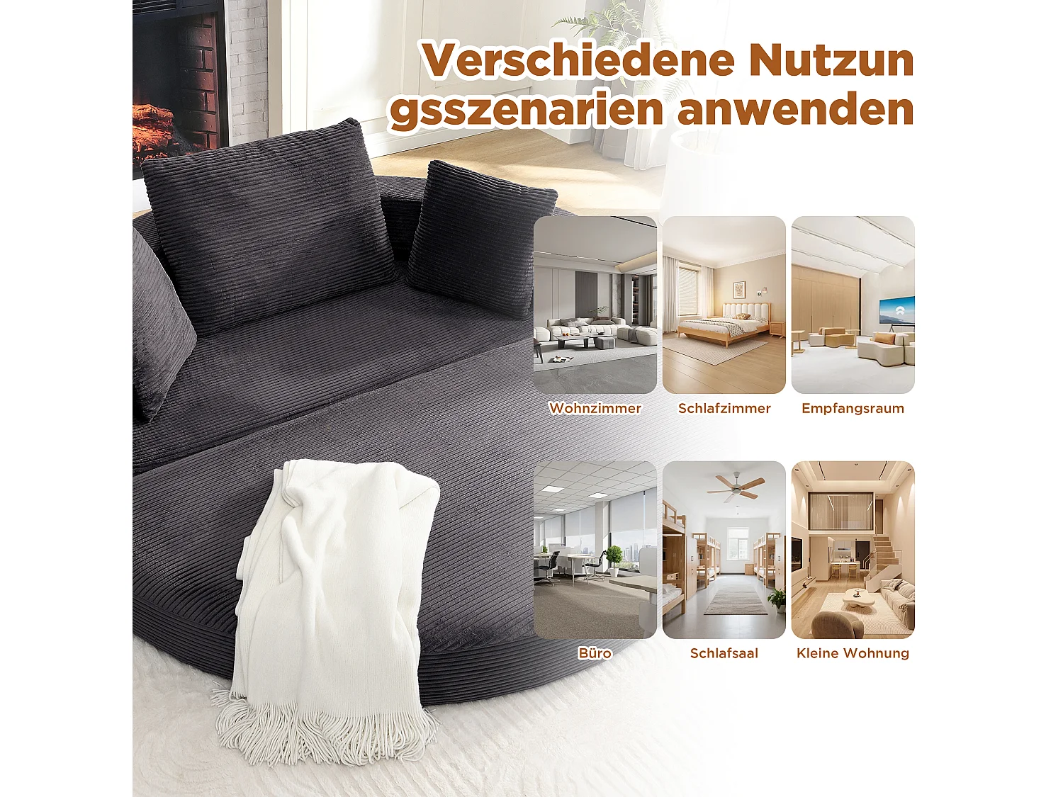 Sofá modular de 2 lugares com almofadas - 173 x 176 x 60 cm - Estofamento em veludo cotelê - para sala de estar, quarto - Preto