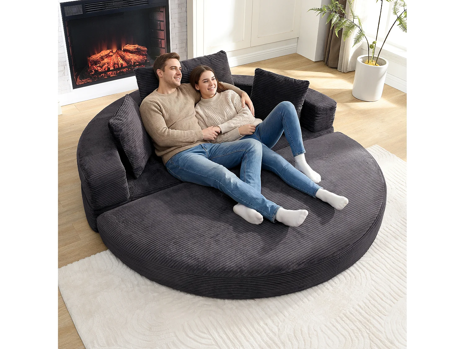 Sofá modular de 2 lugares com almofadas - 173 x 176 x 60 cm - Estofamento em veludo cotelê - para sala de estar, quarto - Preto