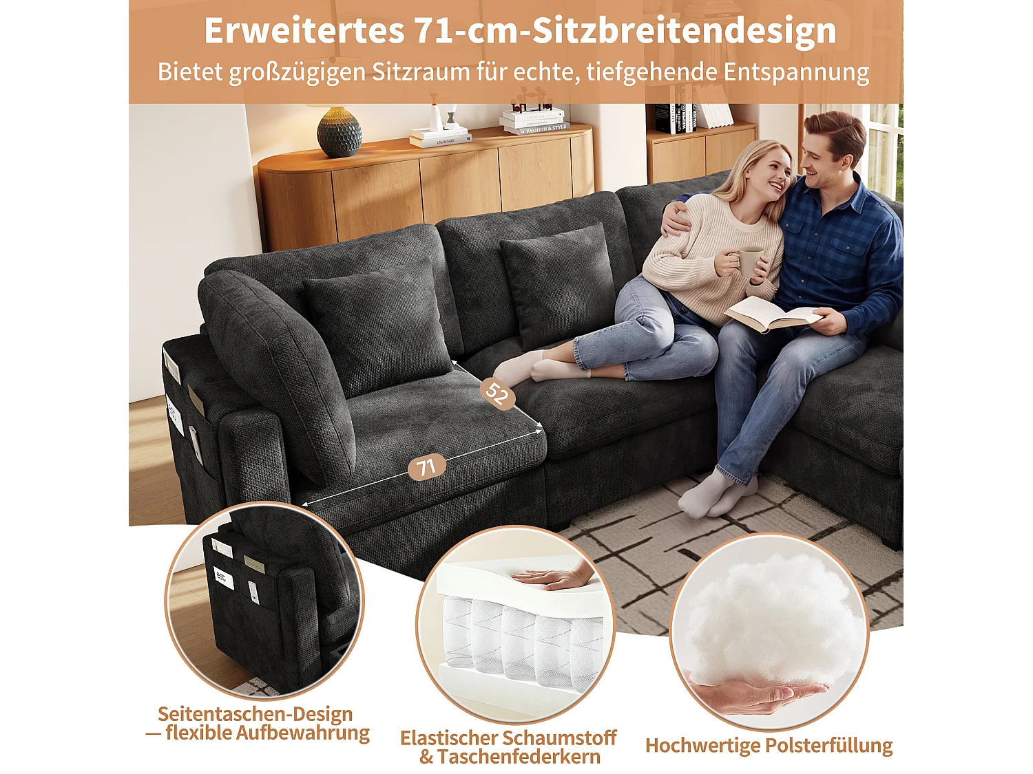 Canapé d'angle modulable 6 places en U/L avec 2 poufs de rangement et poches latérales - Chenille - 292 x 147 x 81 cm - Gris