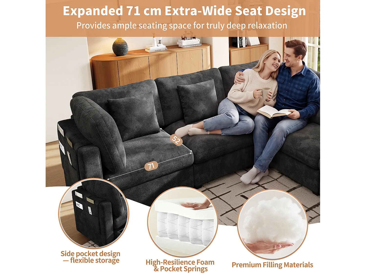 Canapé d'angle modulable 6 places en U/L avec 2 poufs de rangement et poches latérales - Chenille - 292 x 147 x 81 cm - Gris