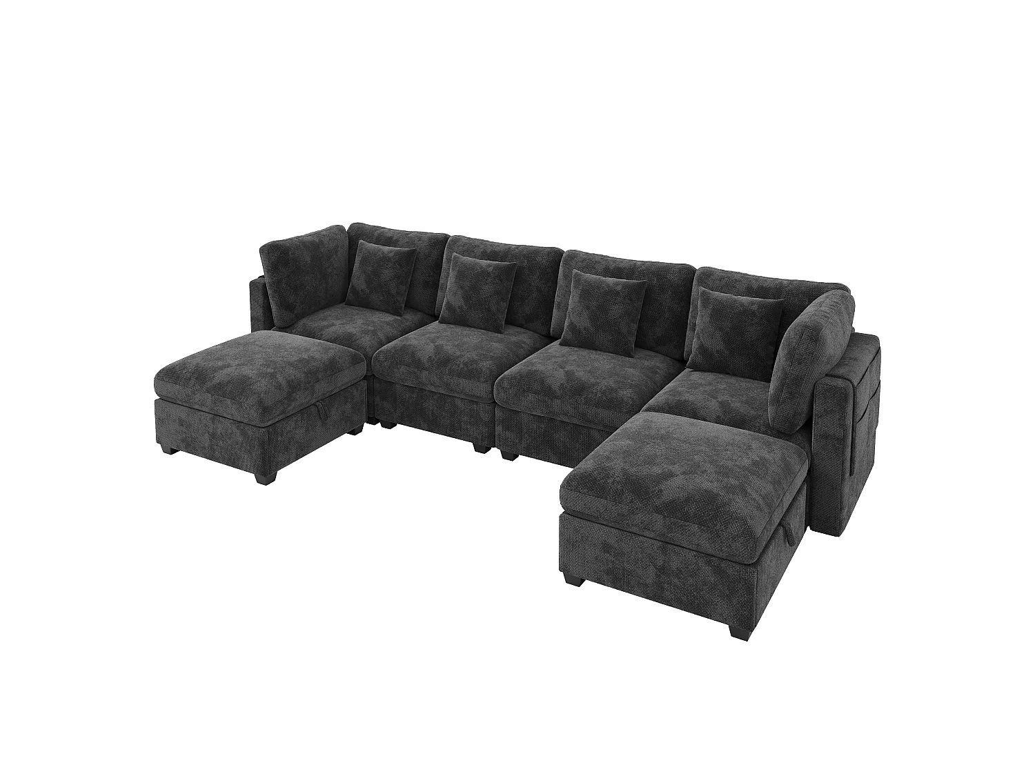 Canapé d'angle modulable 6 places en U/L avec 2 poufs de rangement et poches latérales - Chenille - 292 x 147 x 81 cm - Gris